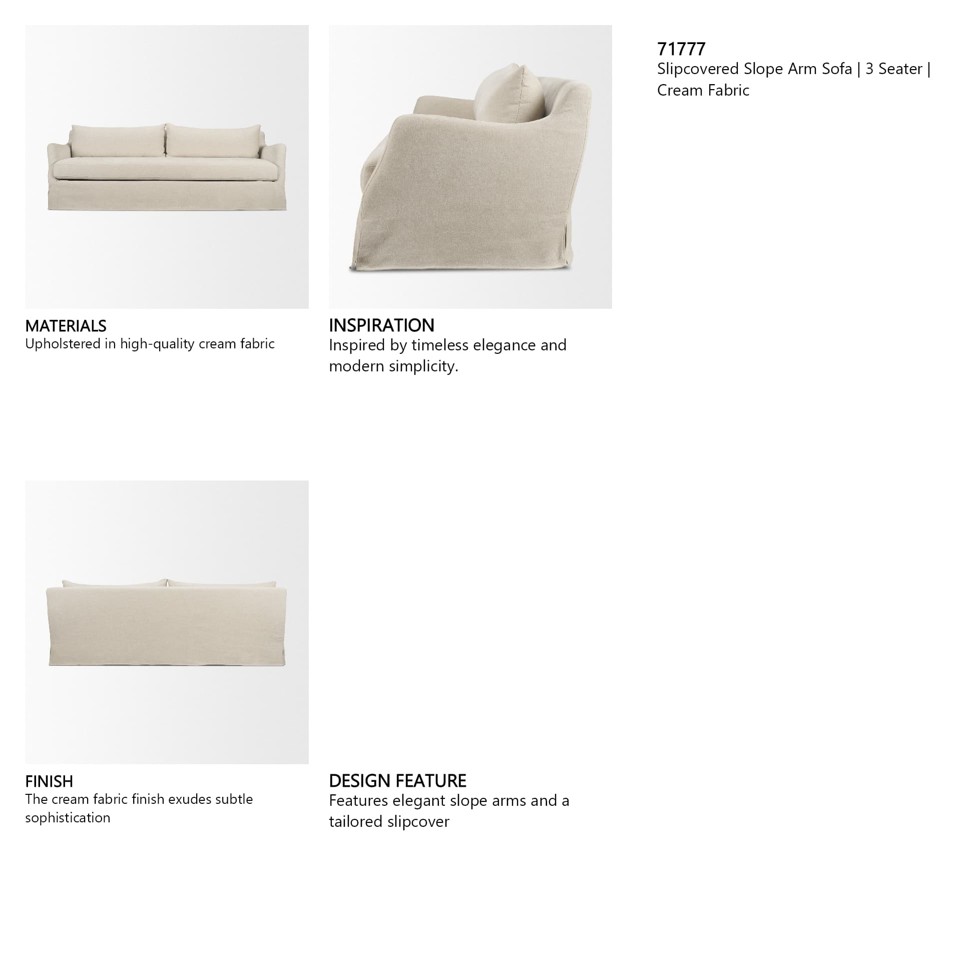Ellington Slipcovered Slope Arm Sofa | 3 Seater | Cream Fabric — product photograph