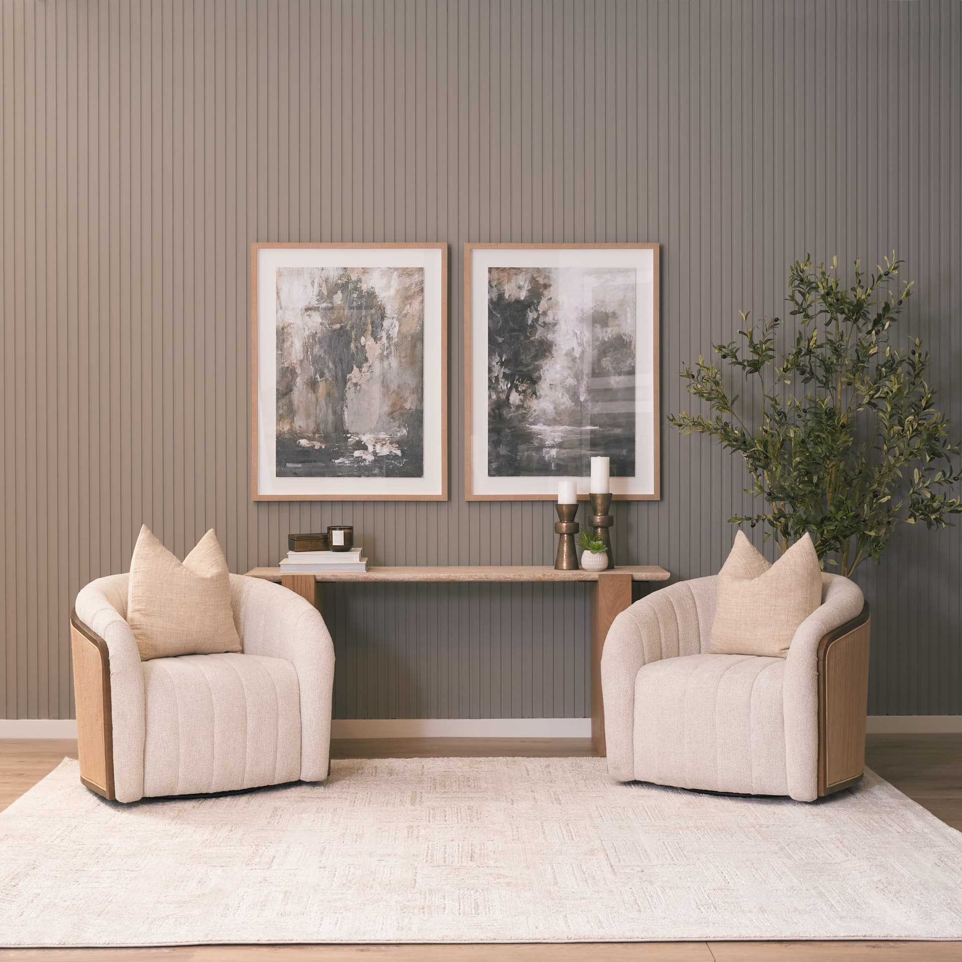 Milos Travertine Top w/ Light Brown Oak Wood Console Table — product photograph