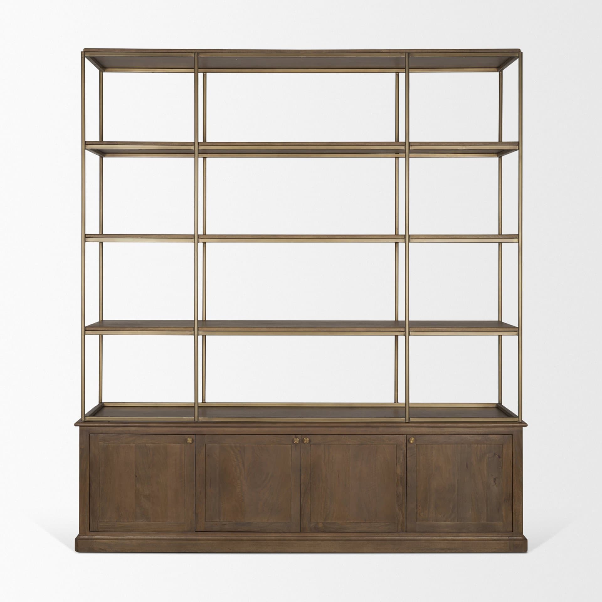 Baron 4-Door Dark Brown Wood w/ Antique Brass Metal Open Shelving Unit — product photograph