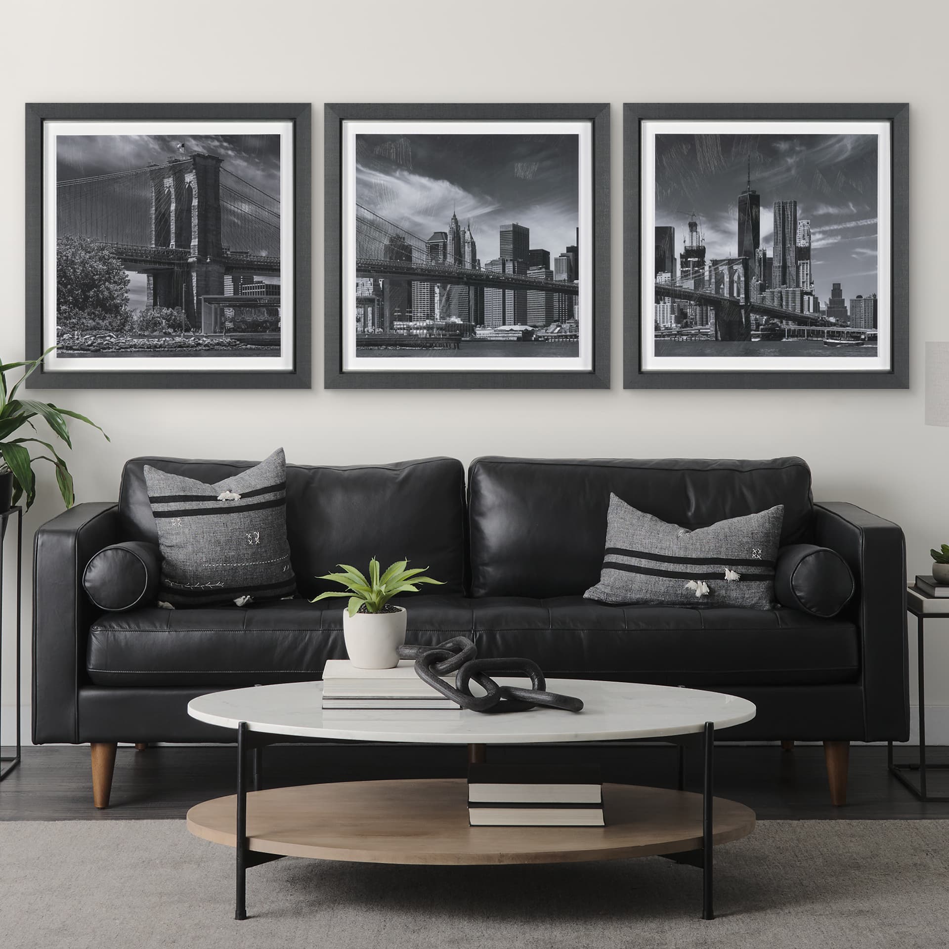 Brooklyn Bridge (Set of 3) by Richard Silver Textured Framed Art Print Matted under Glass — in a styled room