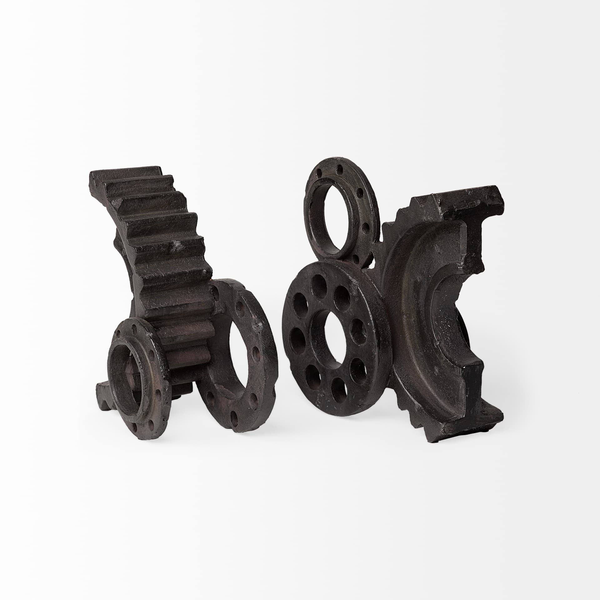 Cogsworth Set of 2 14L x 4W Brown Resin Industrial Gear Bookends — product photograph