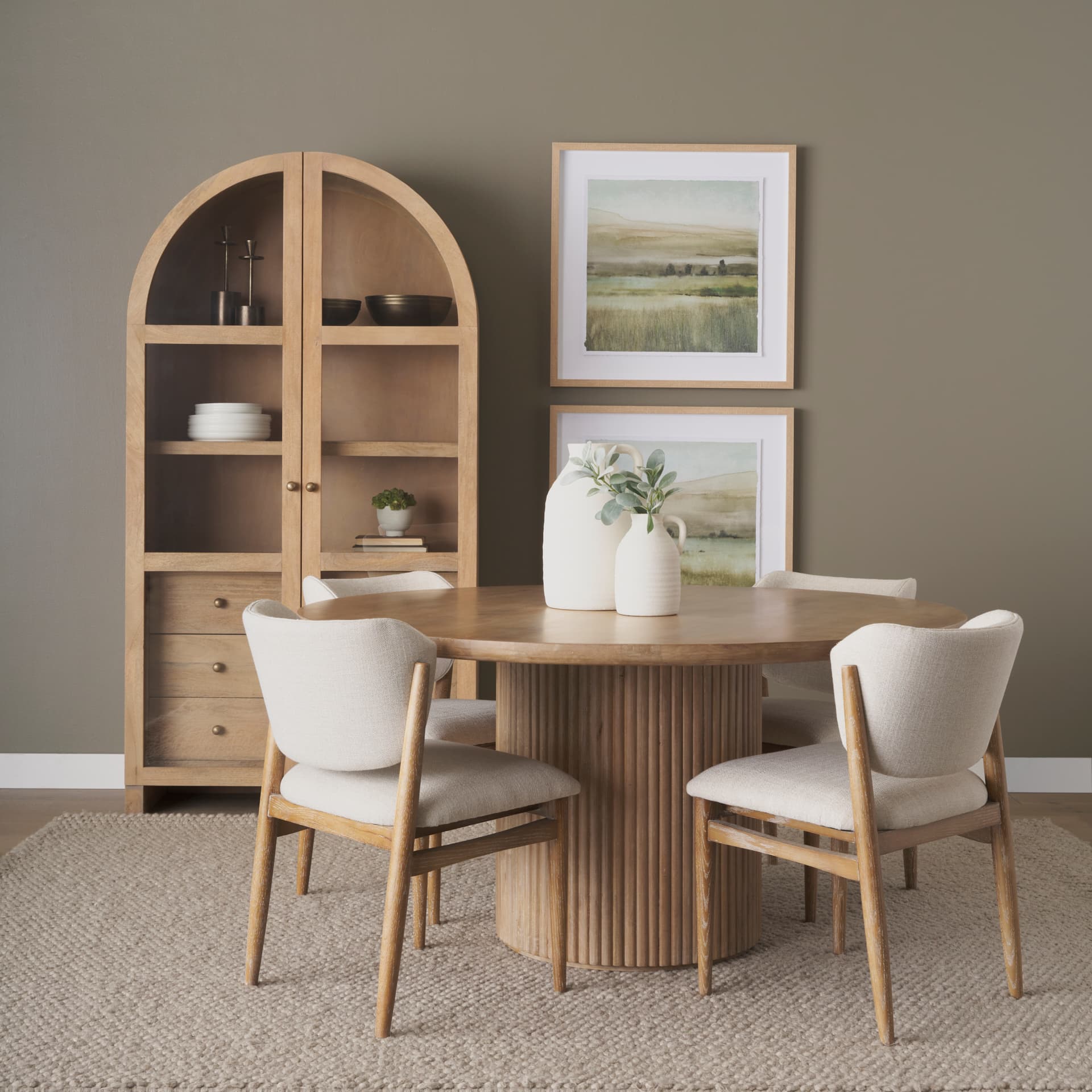 Cline Curved Back Dining Side Chair | Cream Fabric w/ Brown Wood — product photograph
