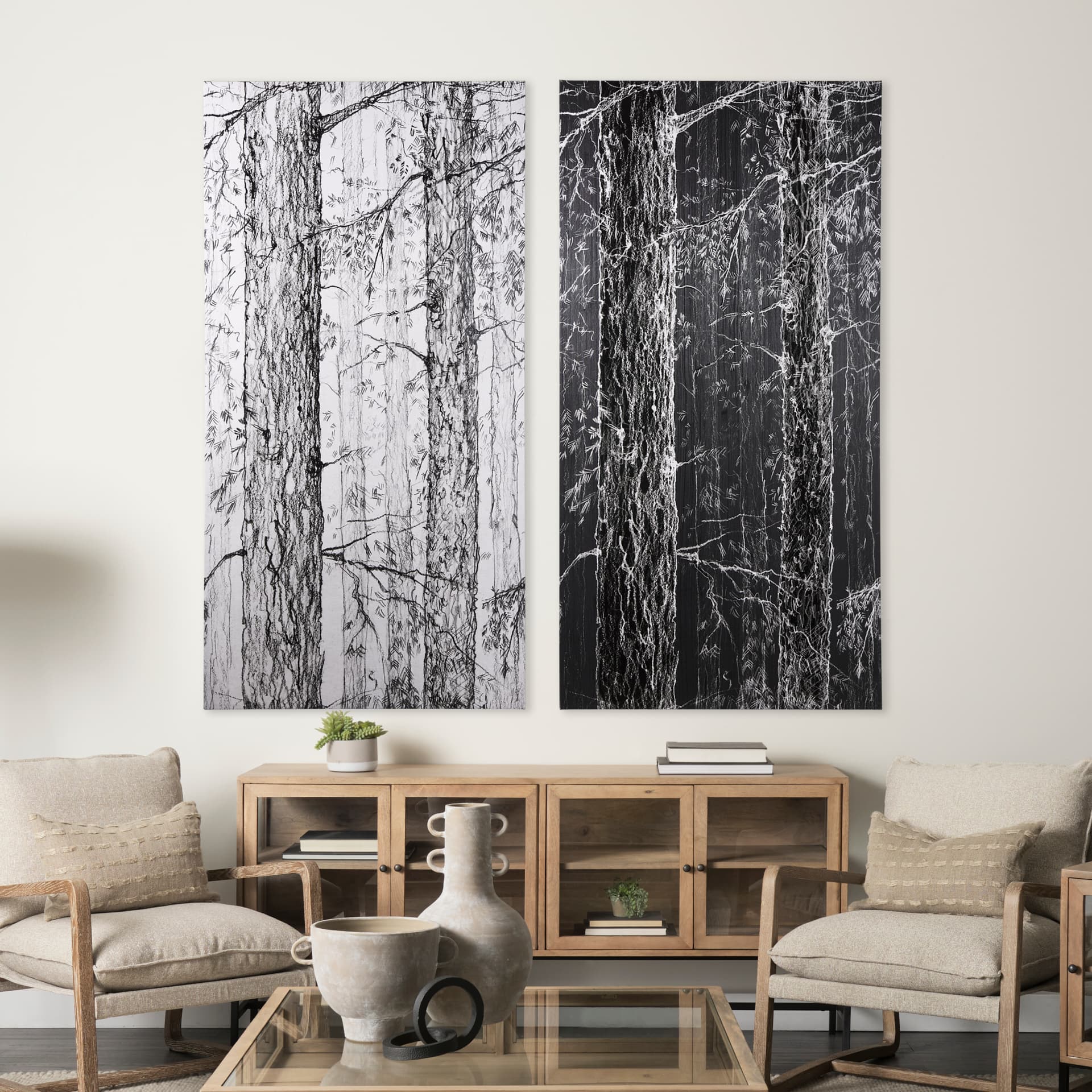Forest BW II by Ariana a Hand Embellished Textured Canvas — in a styled room