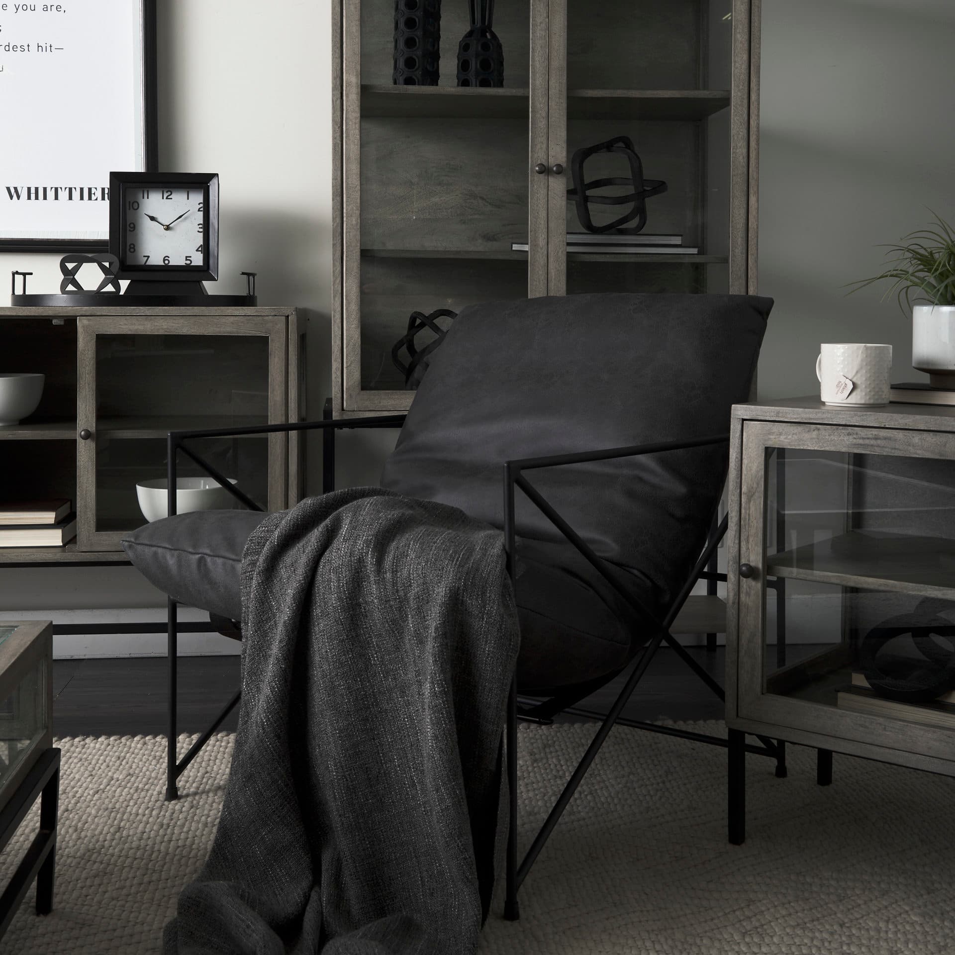 Leonidas 28.5L x 29.5W x 34.0H Black Faux Leather Seat W/ Black Metal Frame Accent Chair — product photograph