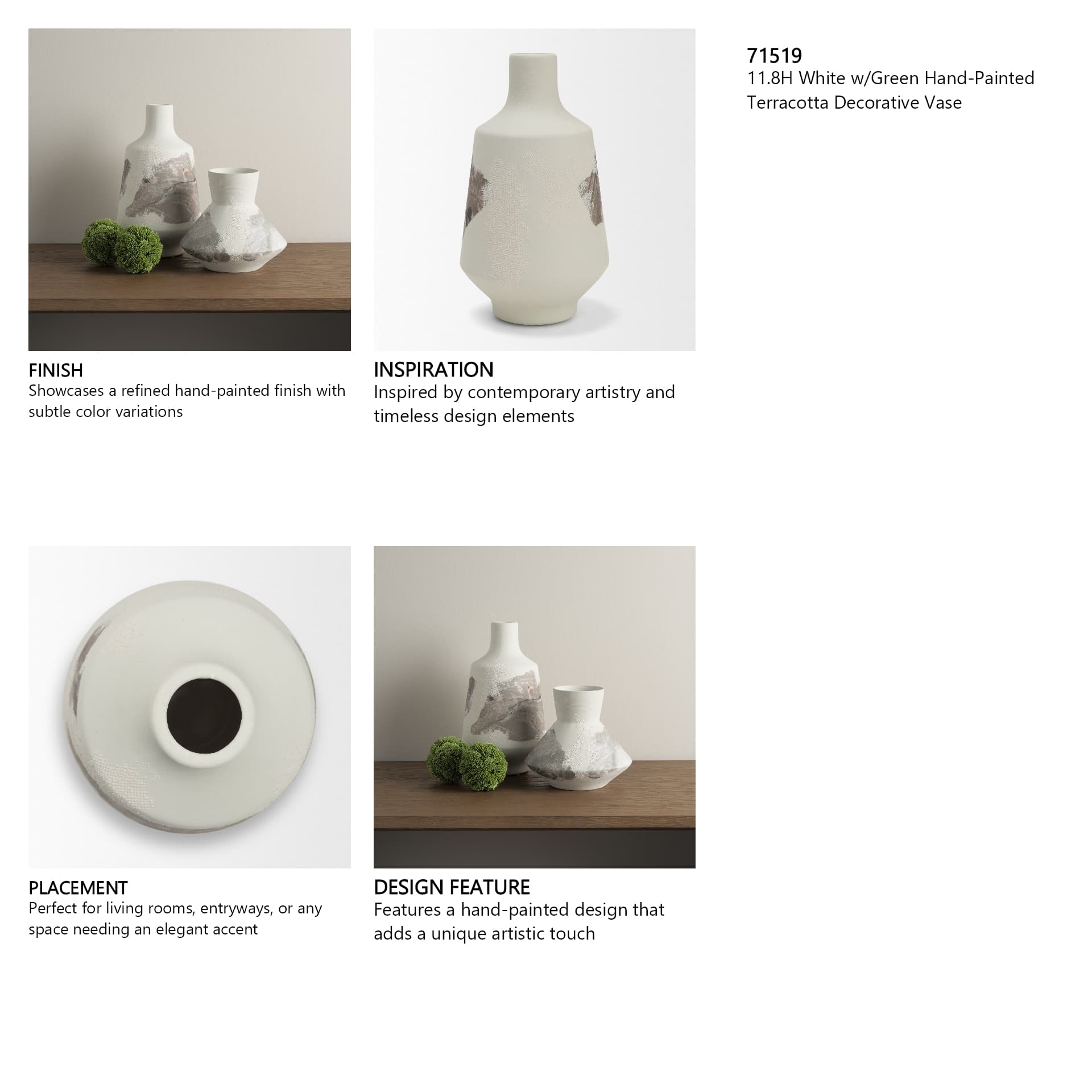 Velo 11.8H White w/Green Hand-Painted Terracotta Decorative Vase — in a styled room