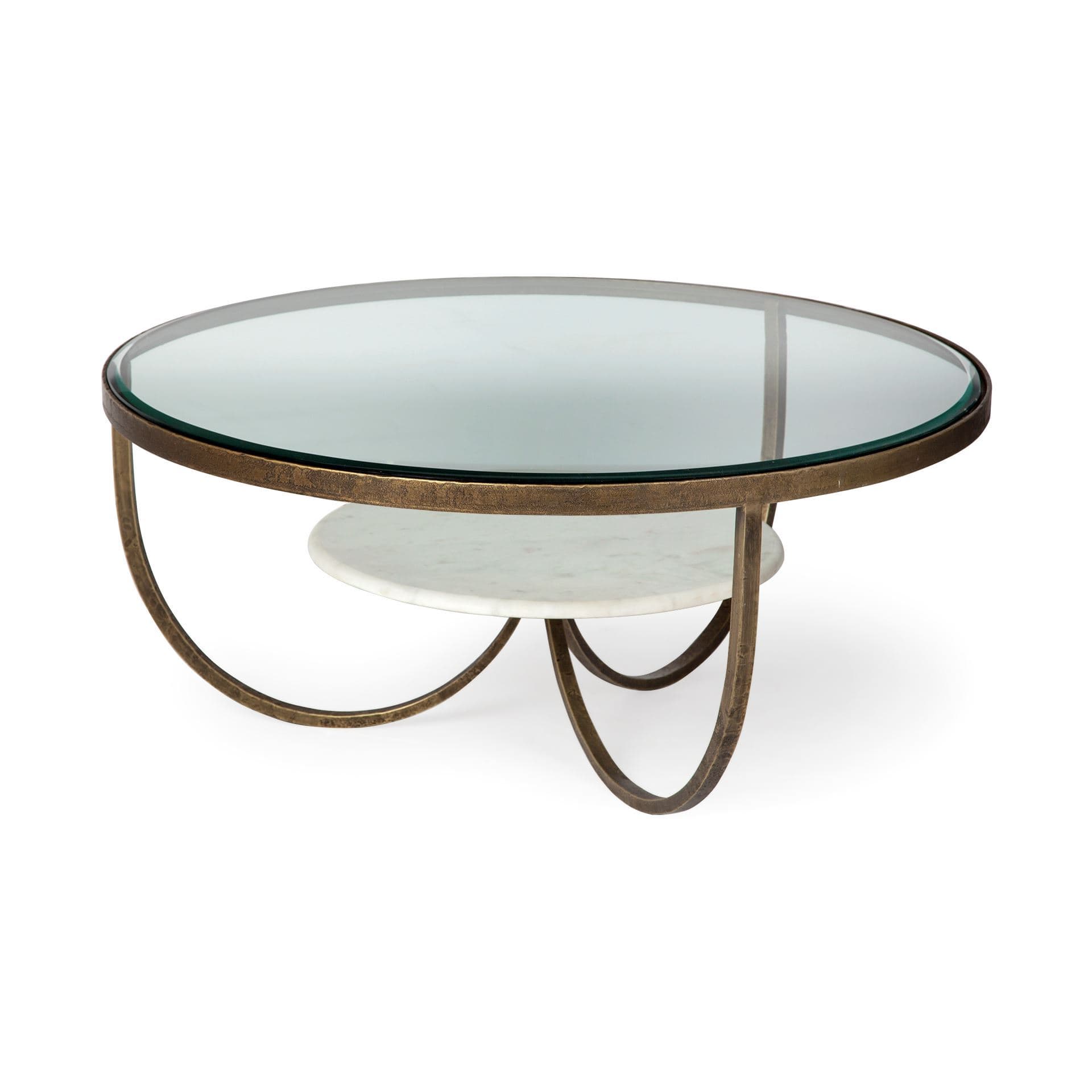 Reinhardt 36" Round Glass Top Marble Shelf Gold Metal Base Coffee Table — product photograph