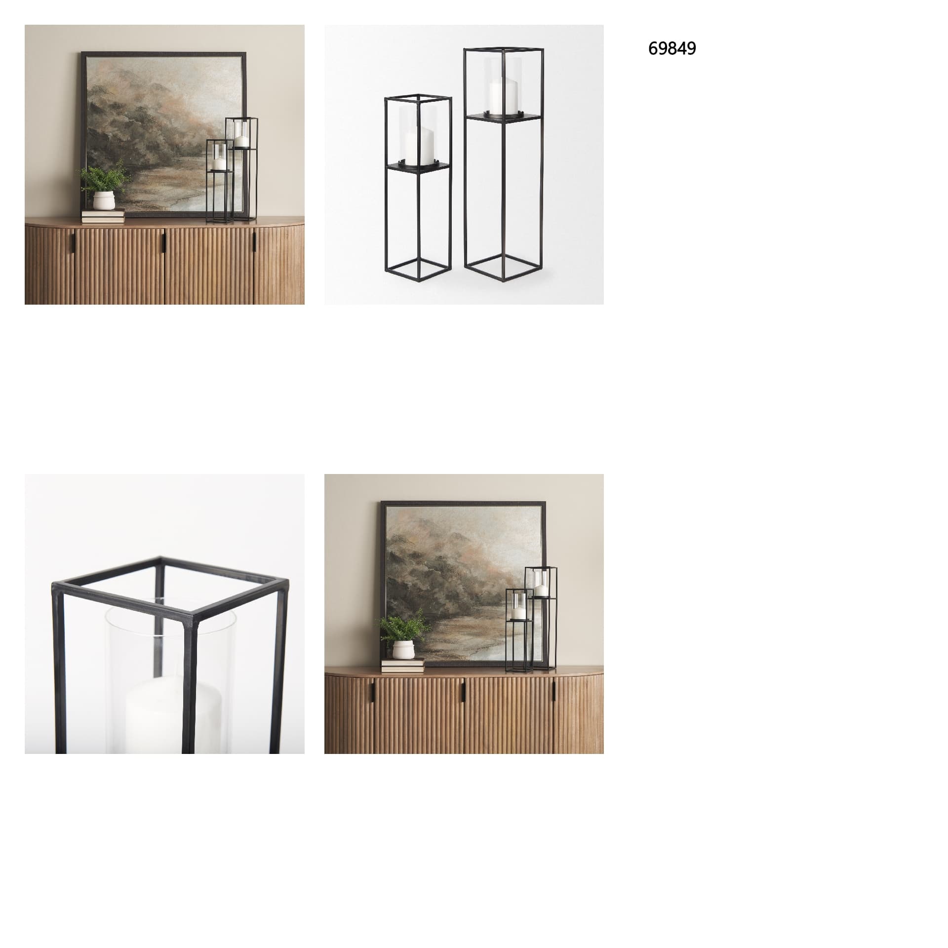 Cindy Set of 2 Matte Black Metal and Hurricane Glass Pillar Tabletop Candle Holders — in a styled room