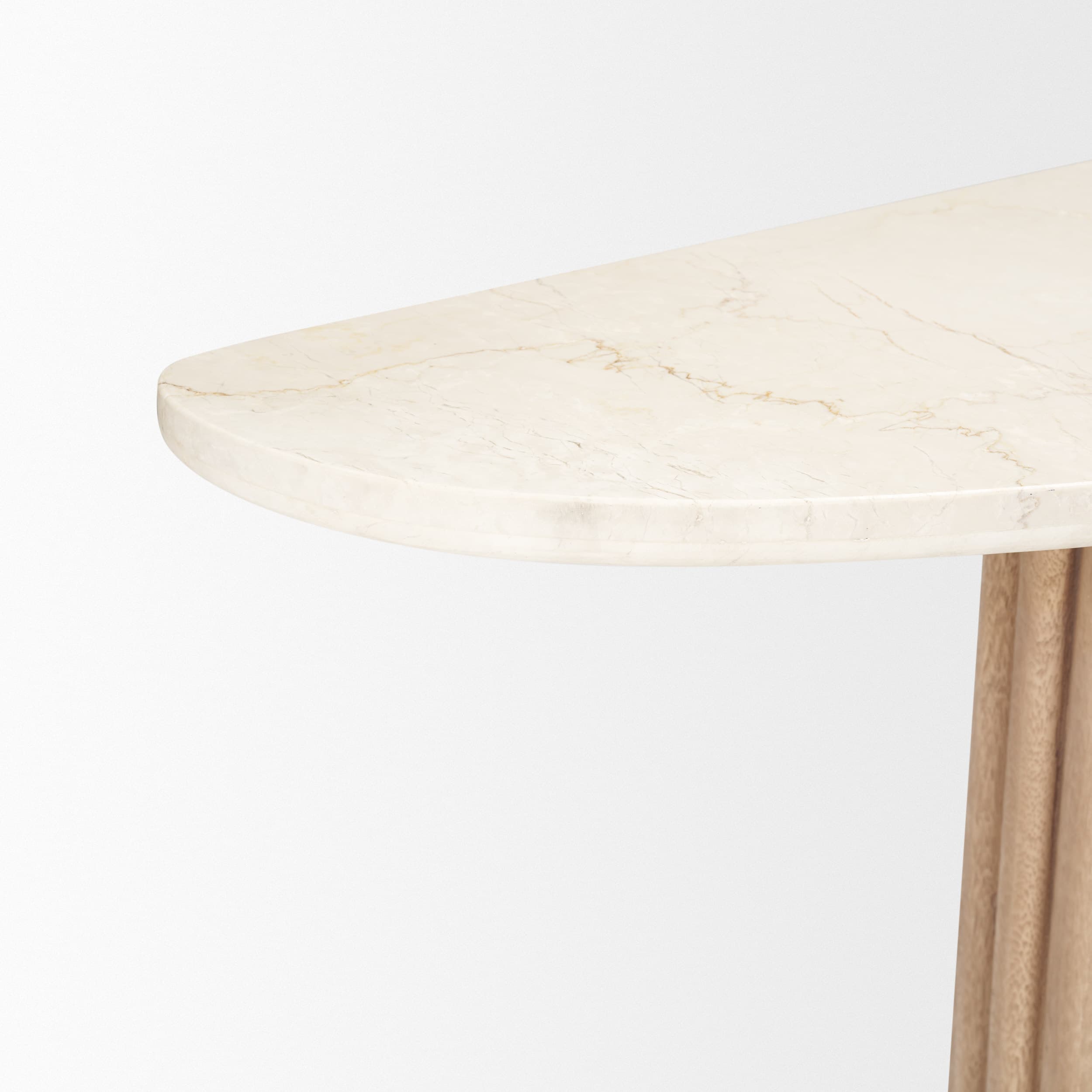 Marbrello Botticino Marble Top Light Brown Fluted Wood Half Moon Console Table — product photograph