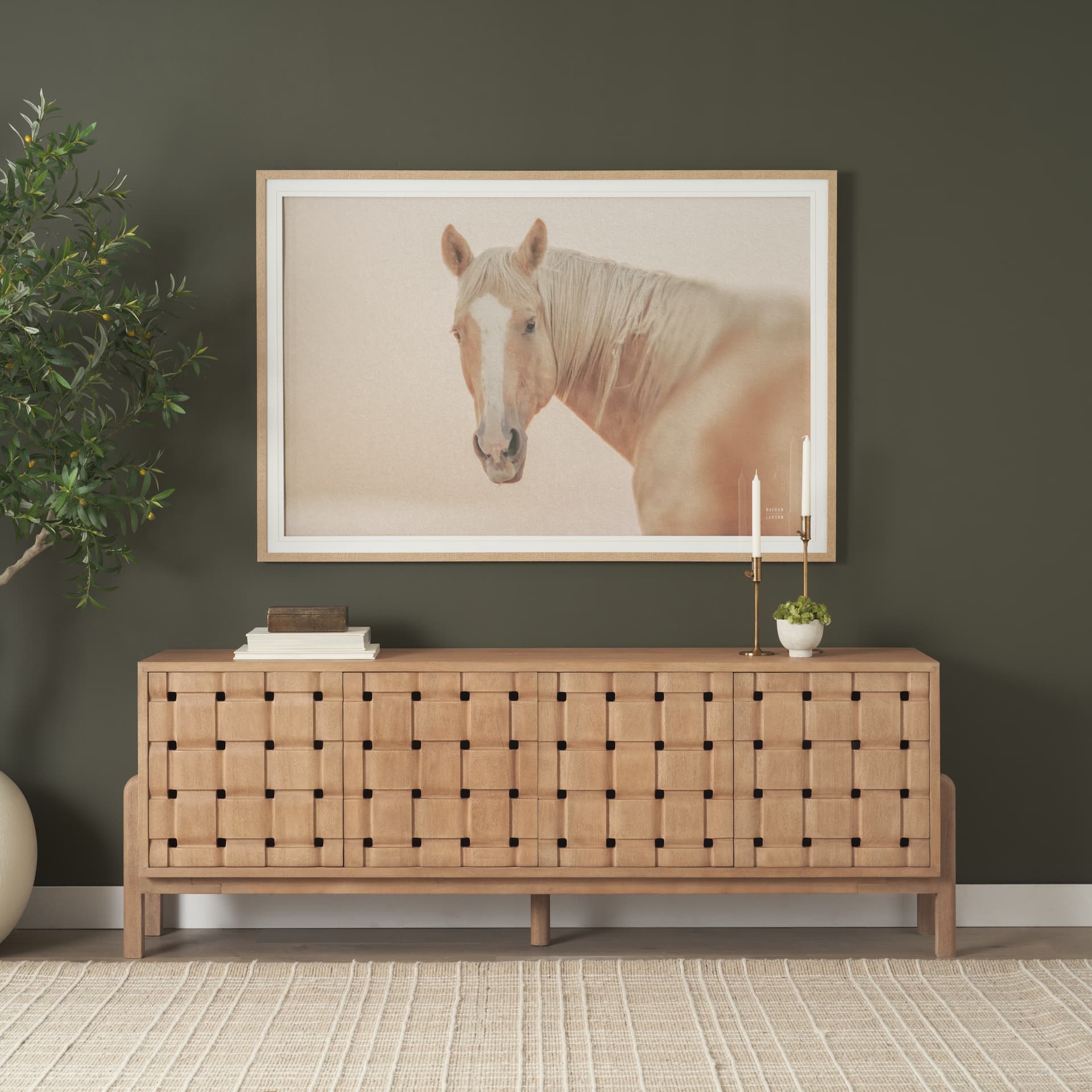 Trellyn Light Brown Solid Wood 4-Door Sideboard with Carved Woven Doors — product photograph