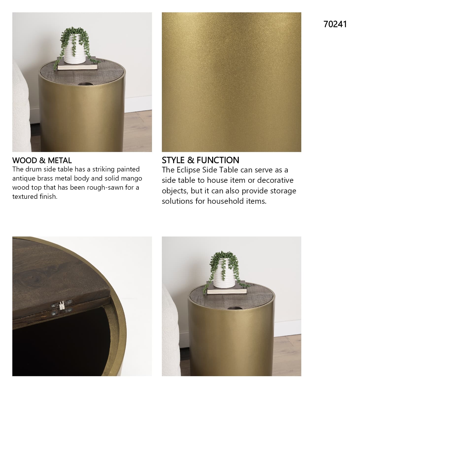 Eclipse Antique Brass Metal Drum Base w/ Dark Brown Wood Top End/Side Table — in a styled room