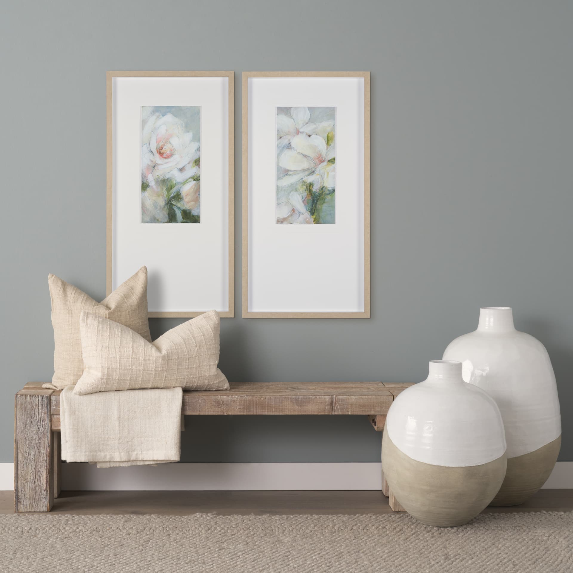 Amos 20.5L x 20.5W x 31.9H White and Dark Beige Color Blocked Ceramic Floor Vase — in a styled room