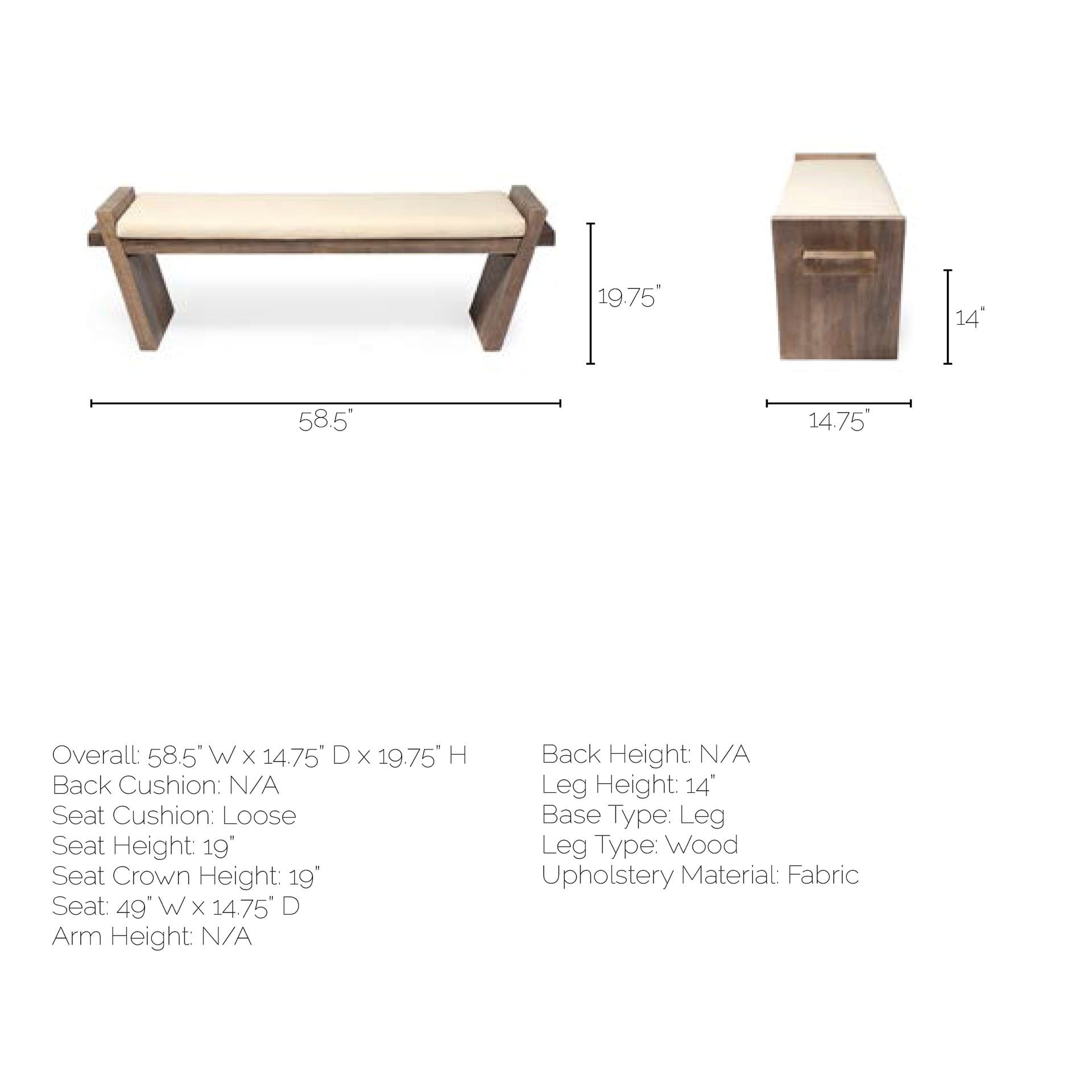 Elaine I 58L x 14.75W x 20H Brown Wood Upholstered Cream Seat Entryway Bench — product photograph