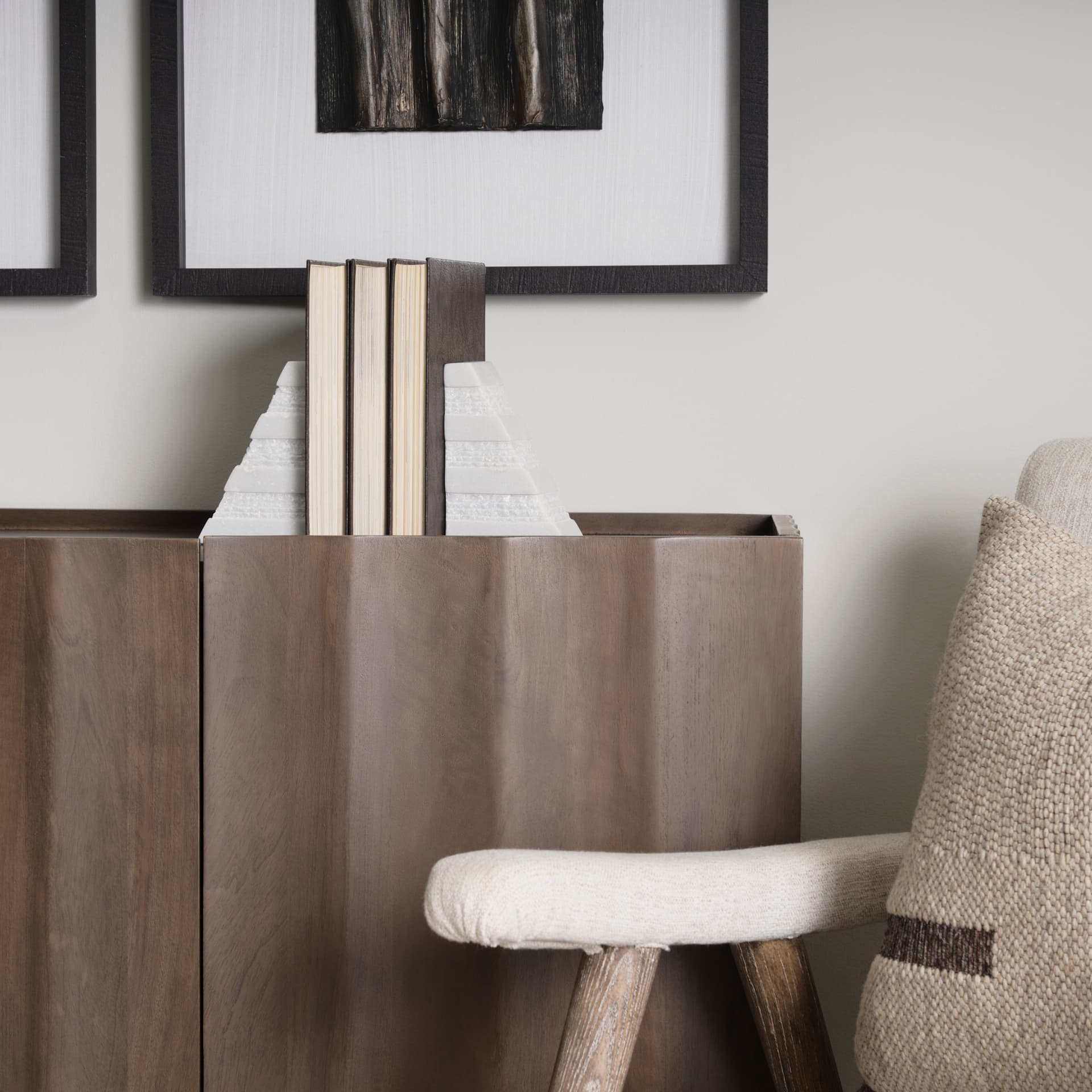 Cavetto White Marble Bookends w/rough carving S/2 — product photograph