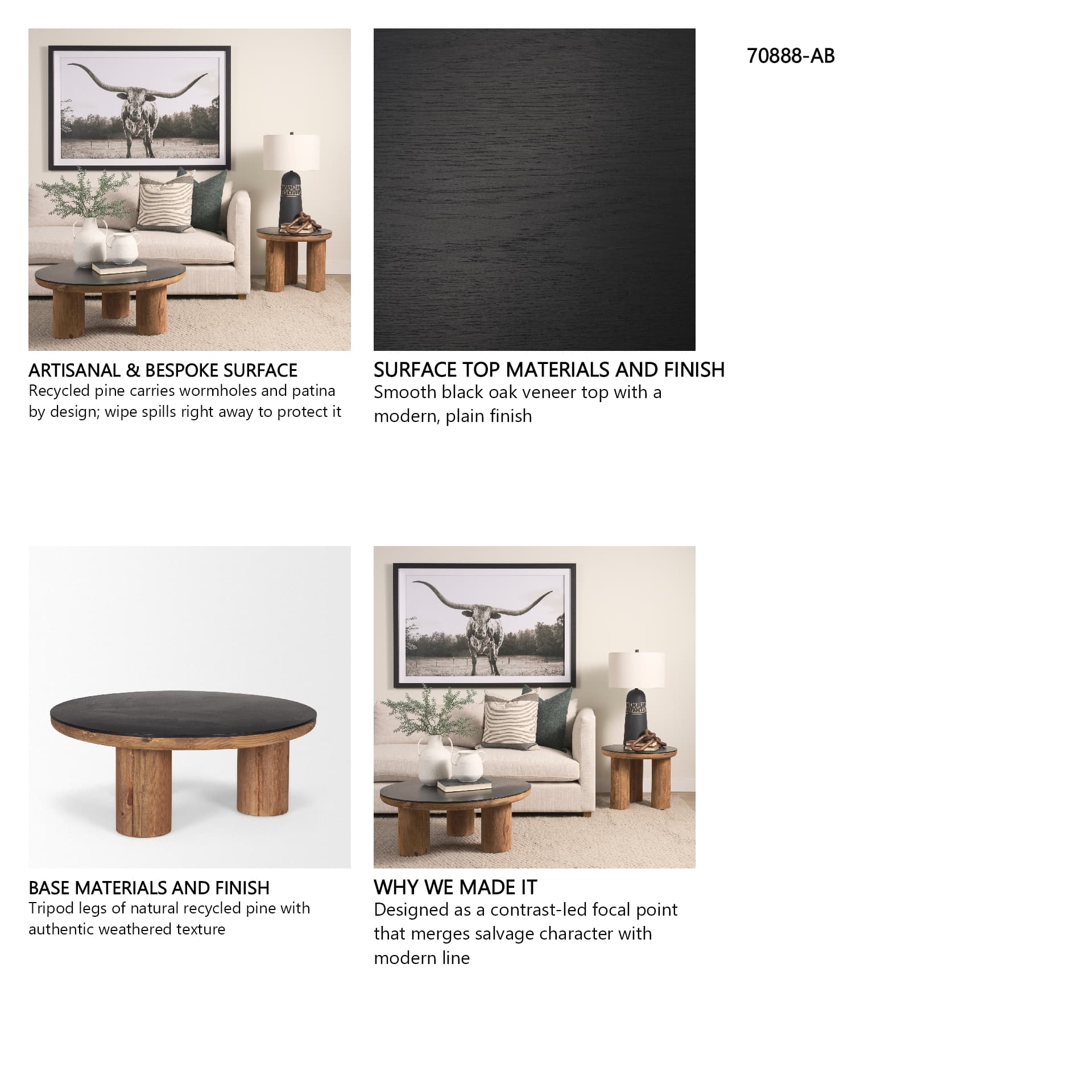 Tucson Natural Wood w/ Round Black Oak Top Coffee Table — in a styled room