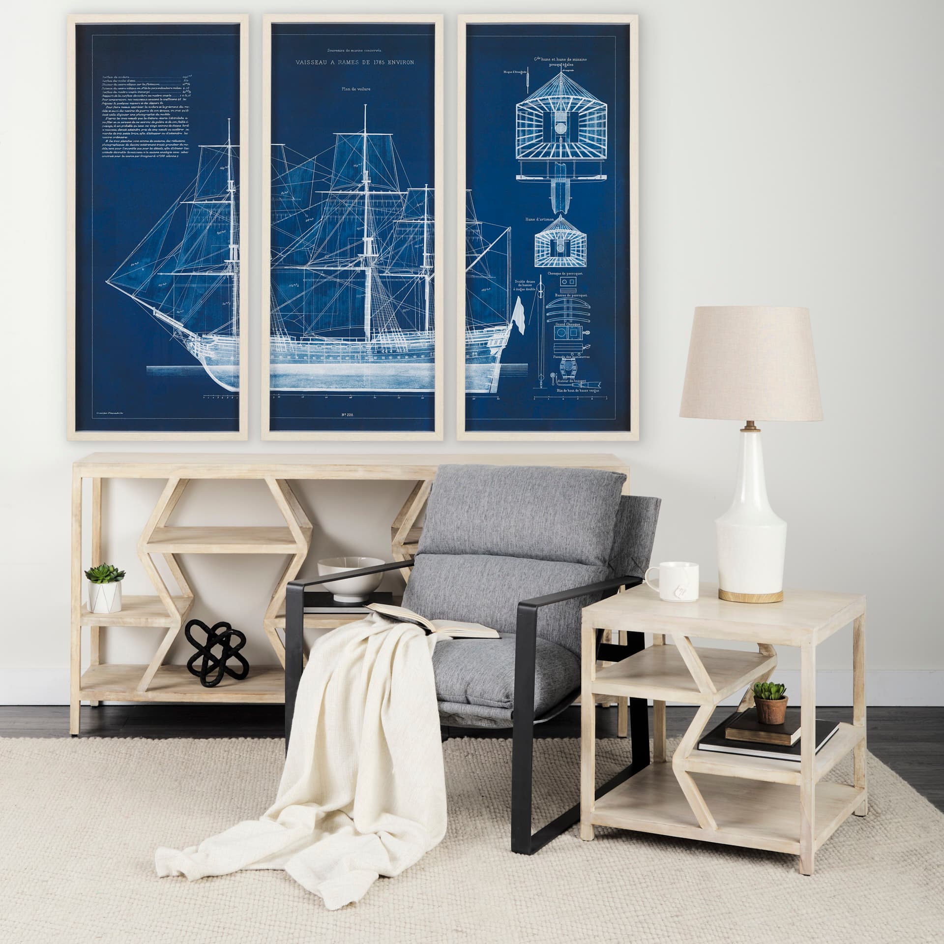 Antique Ship Blueprint IV by Vision Studio Hand Embelished Framed Art Print Matted under Glass — in a styled room