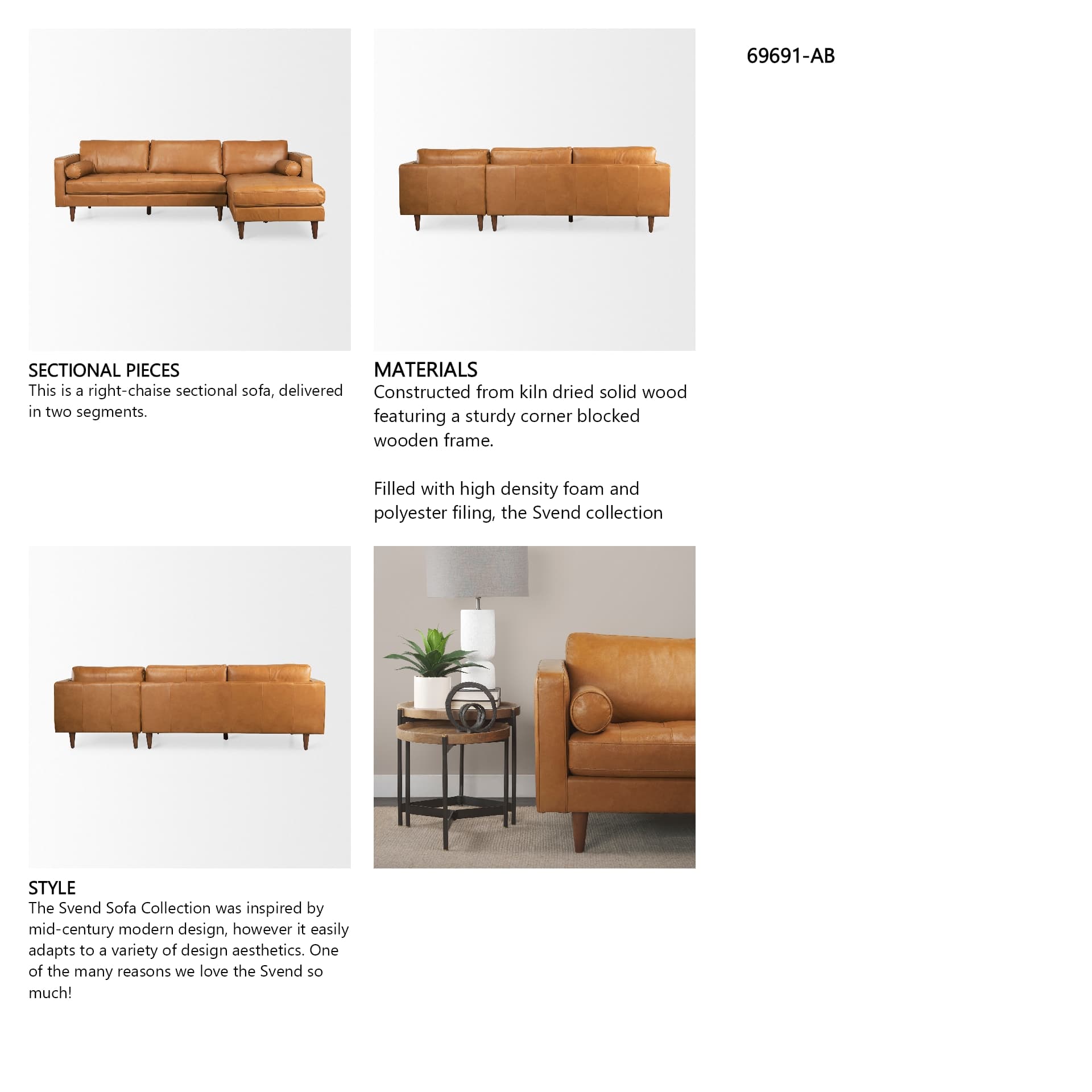 Svend 111.4L x 68.0W x 33.9H Tan Leather Right Chaise Sectional Sofa — in a styled room