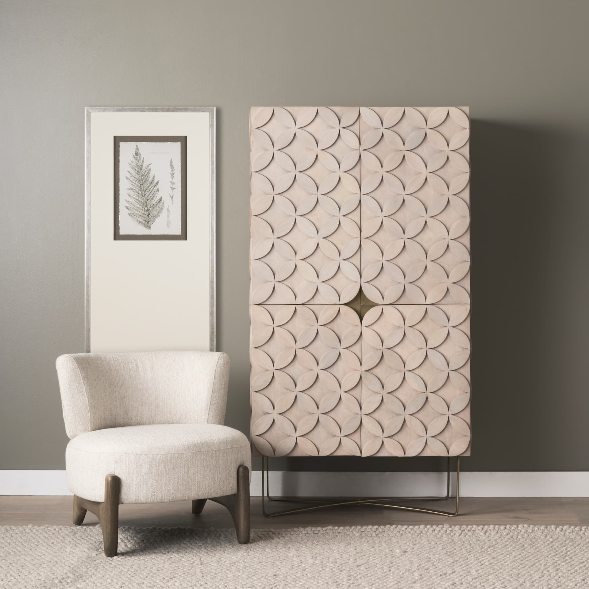Excelsior II 68.1" H Light Brown Wood Gold Iron Base Storage Cabinet — in a styled room