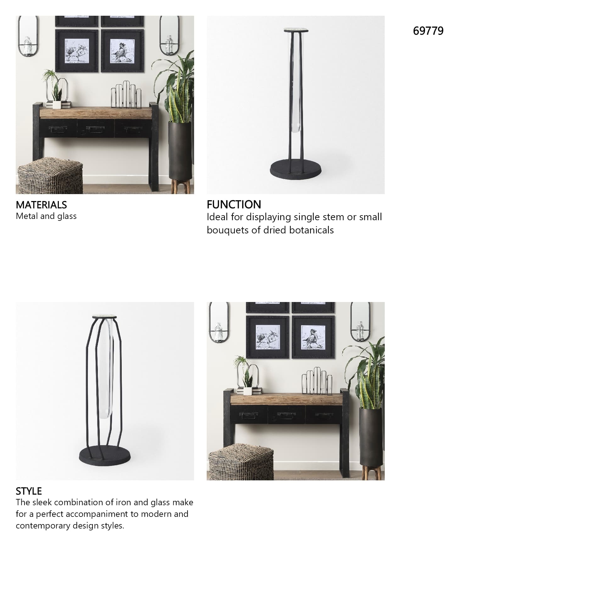 Aria 4.5L x 3.9W x 11.0H Metal and Glass Holder Object — in a styled room