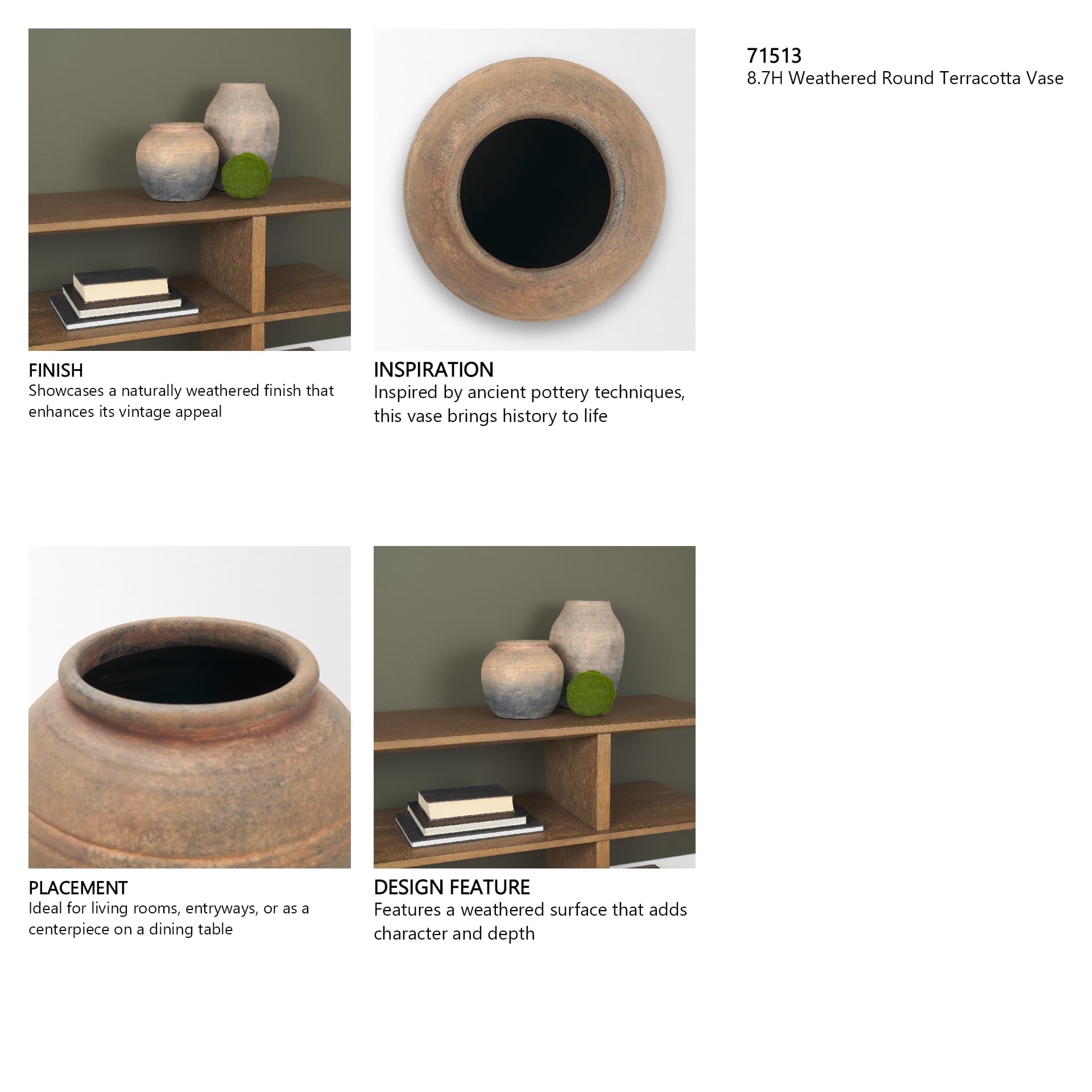 Cotto 8.7H Weathered Round Terracotta Vase — in a styled room