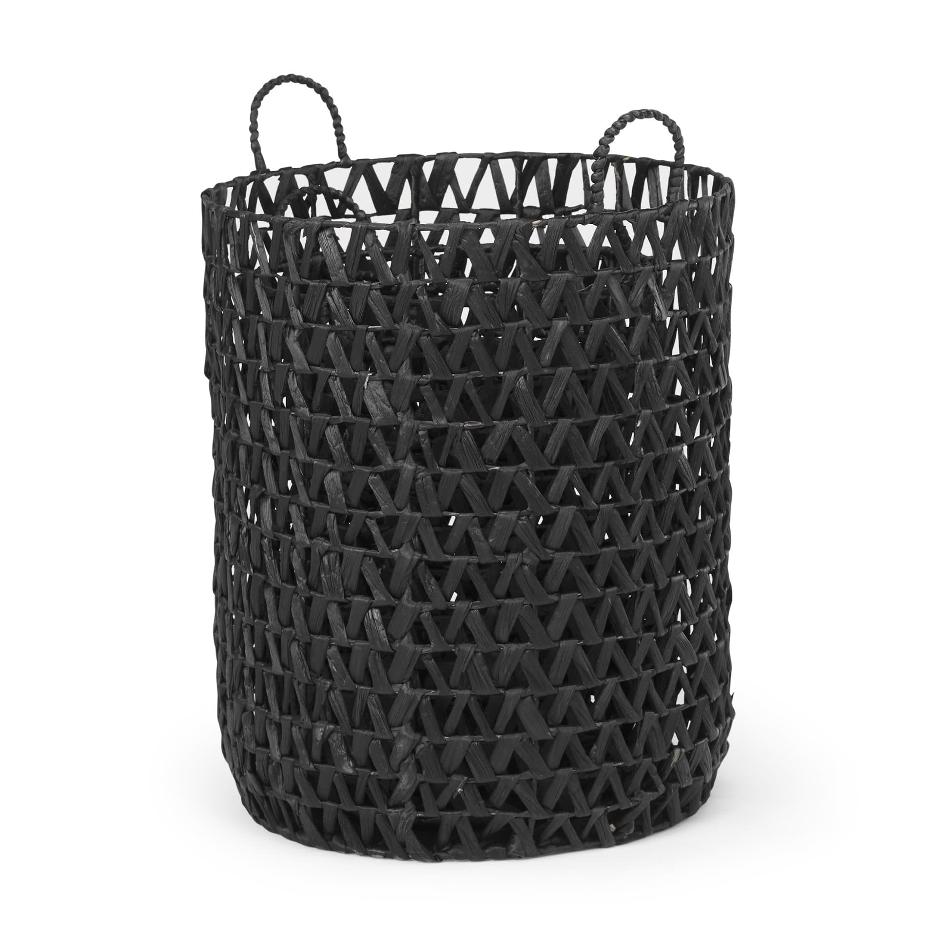 Lola (Set of 3) Black Water Hyacinth Zig Zag Weave Round Basket W/ Handles — product photograph