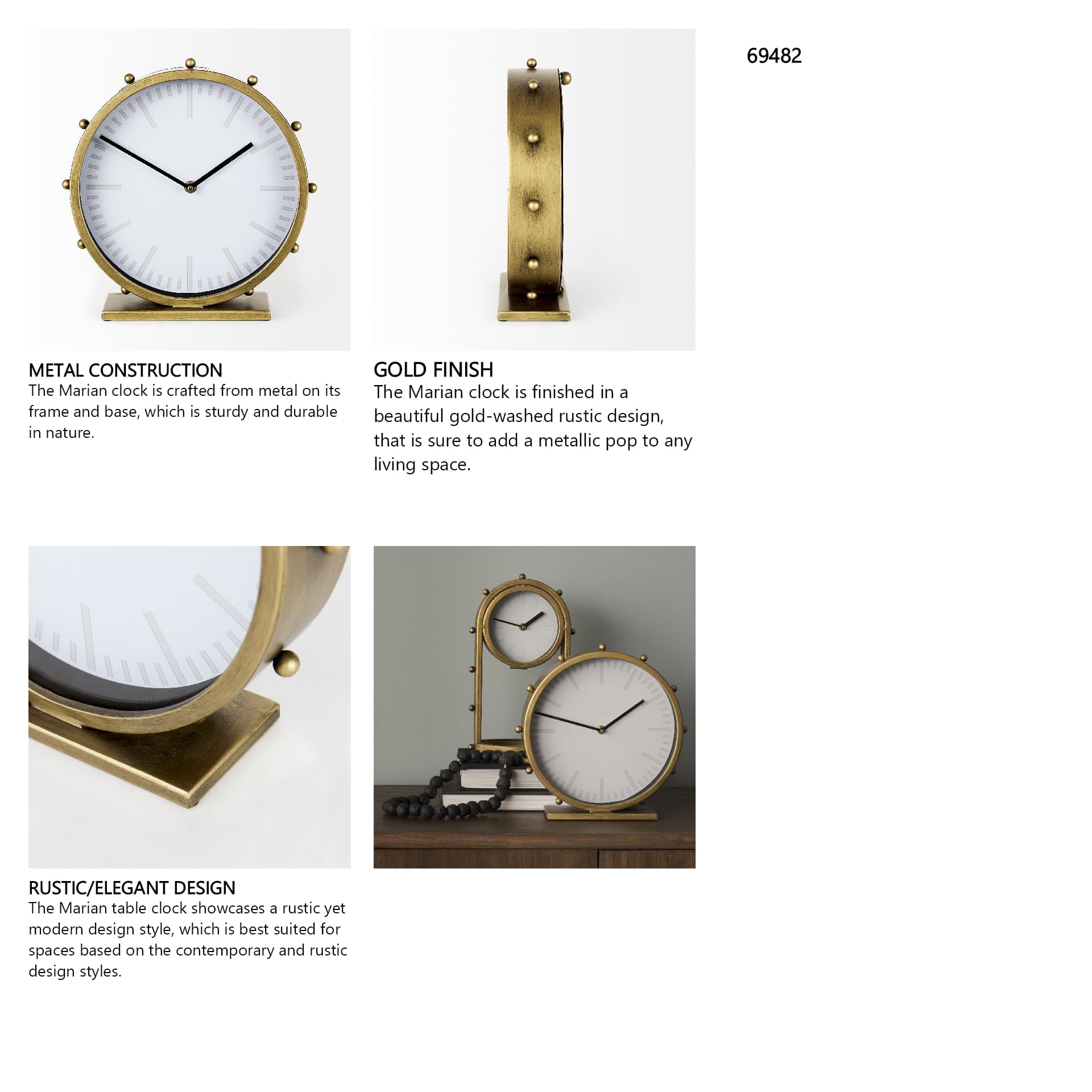 Marian 11.0L x 3.1W x 11.0H Gold Metal W/Studs Round Table Clock — in a styled room