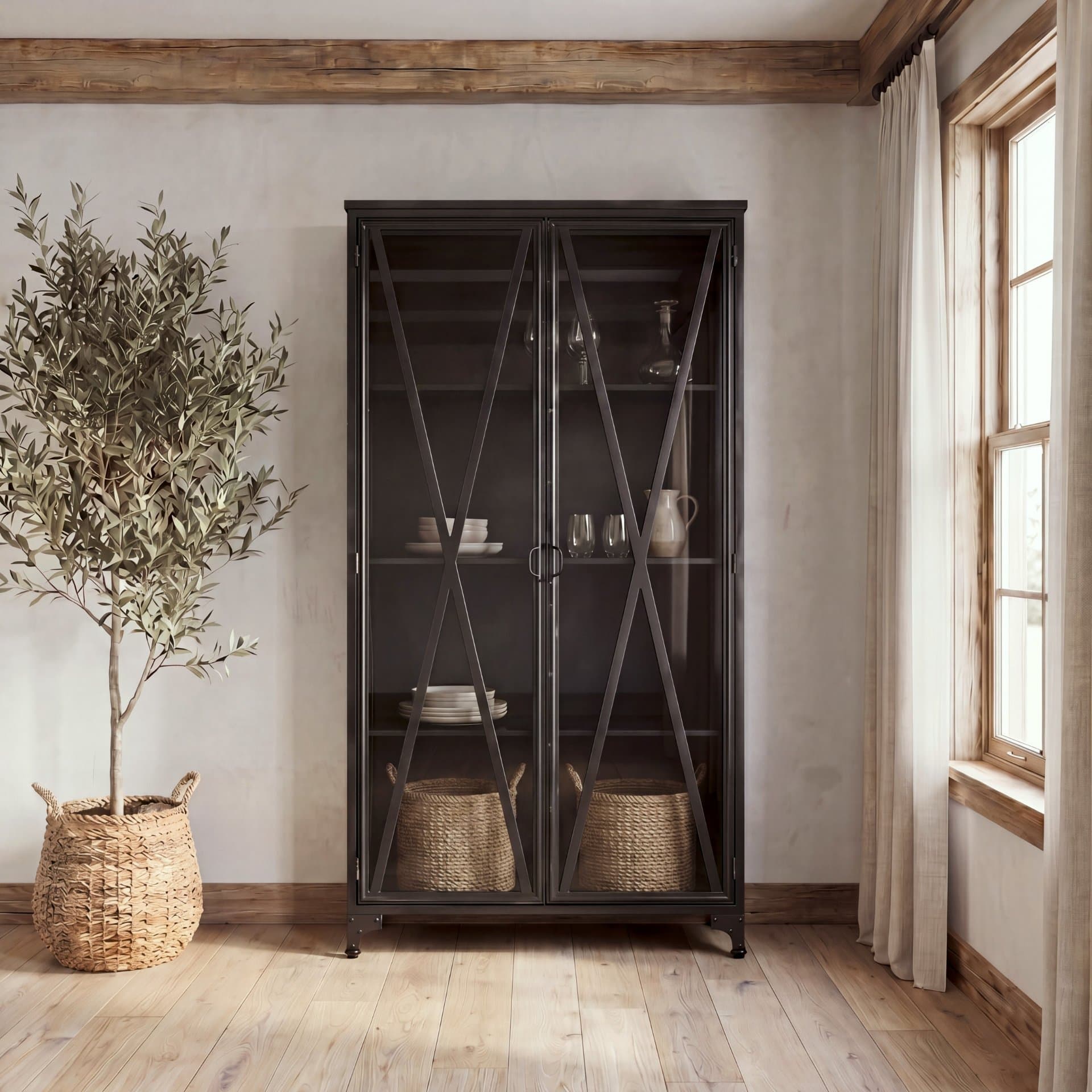 Poppy II 73.8" H Black Metal With Glass Door Display Cabinet — in a styled room