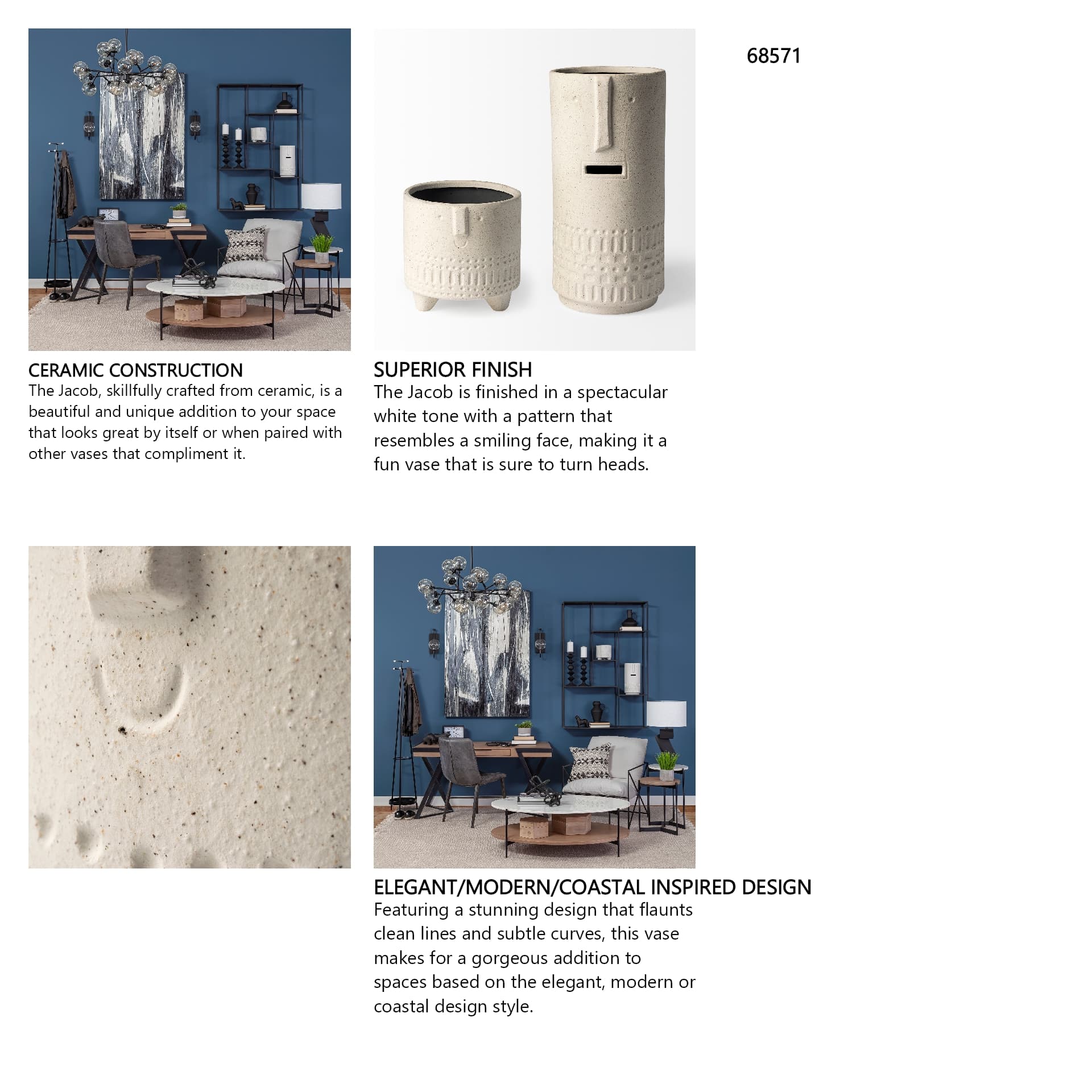 Jacob I Short White Ceramic Smiling Face Vase — in a styled room