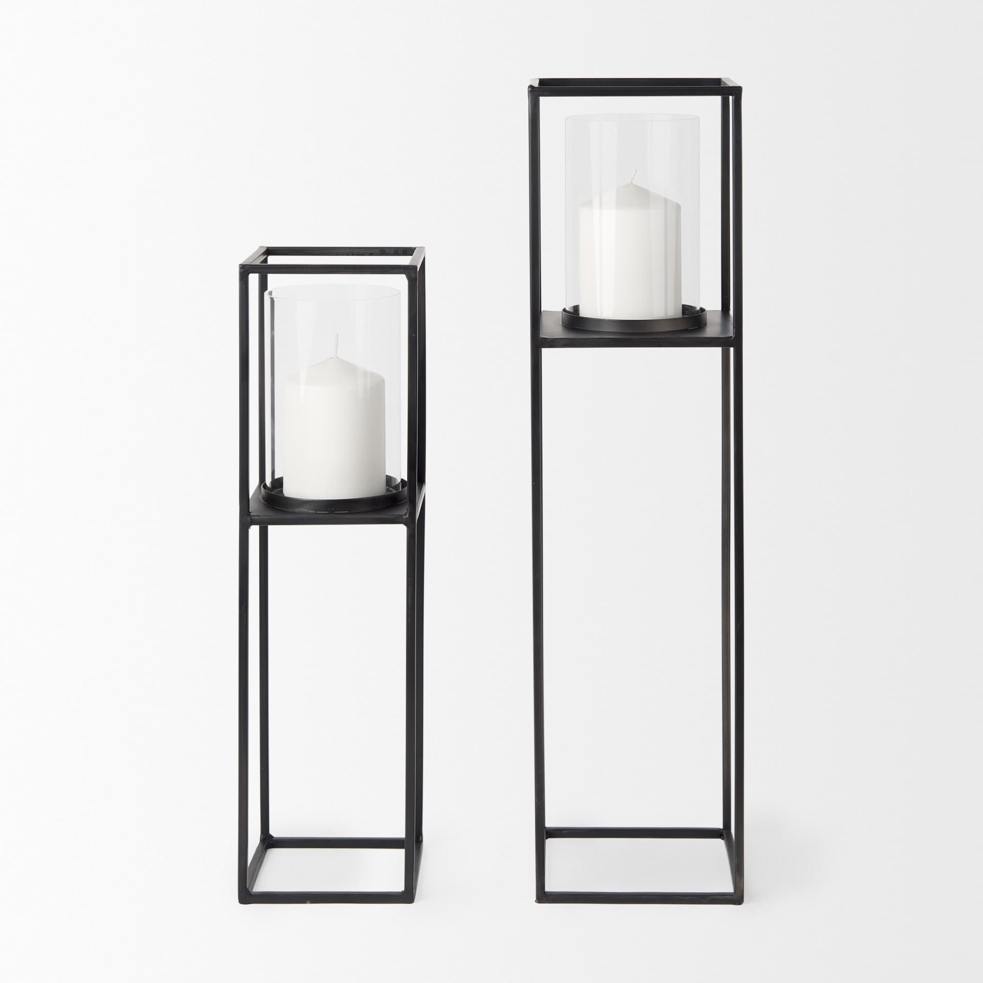Cindy Set of 2 Matte Black Metal and Hurricane Glass Pillar Tabletop Candle Holders — product photograph