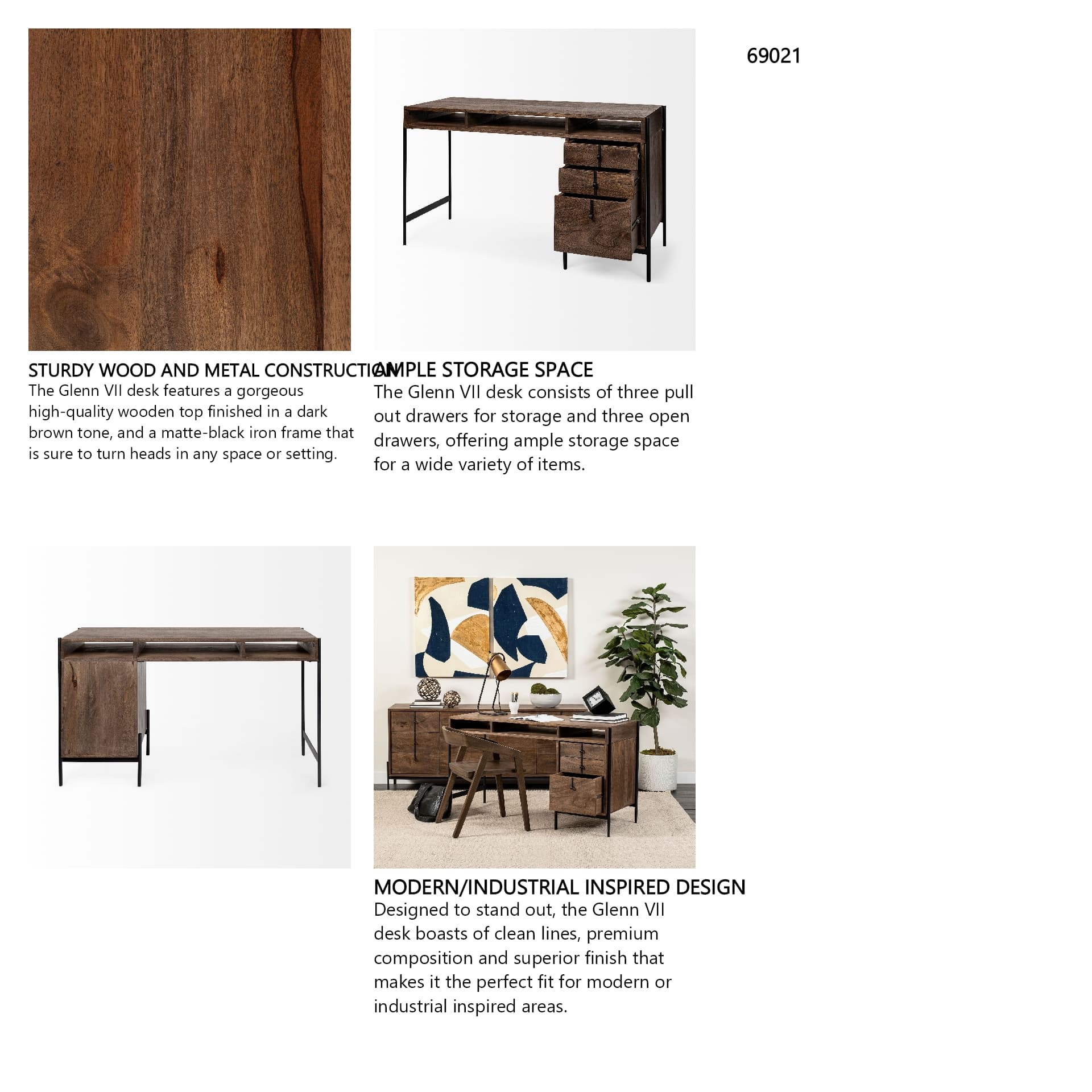Glenn VII 56L x 22W Dark Brown Wood w/ Black Iron Frame, 3 Drawer Office Desk — in a styled room