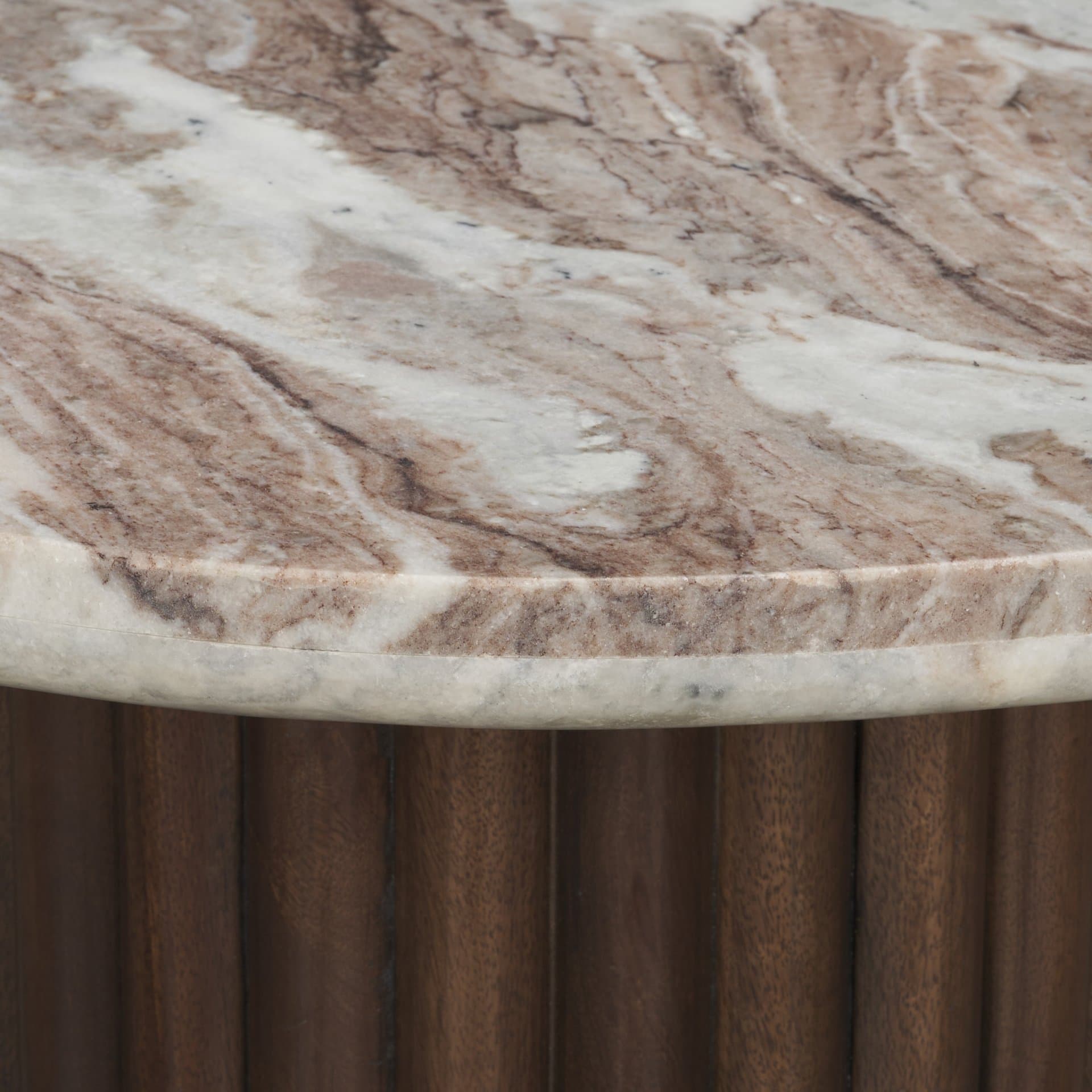 Marbrello Pink Marble Top Espresso Brown Fluted Wood Round Side Table — product photograph