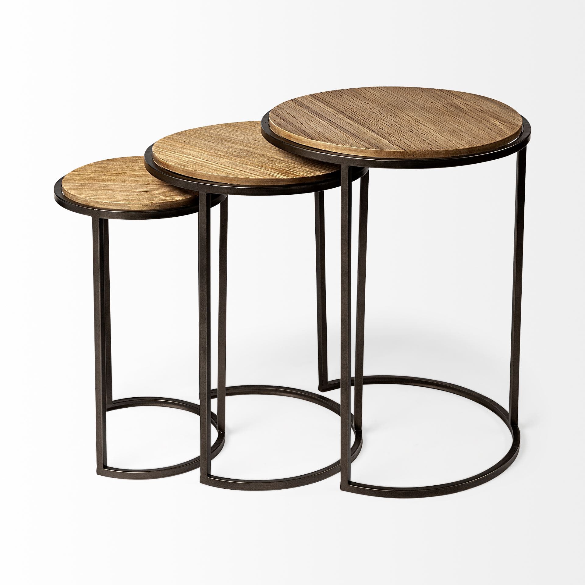 Glover (Set of 3) 20L x 20W Brown Wood Round Top W/Metal Nesting Accent Tables — product photograph