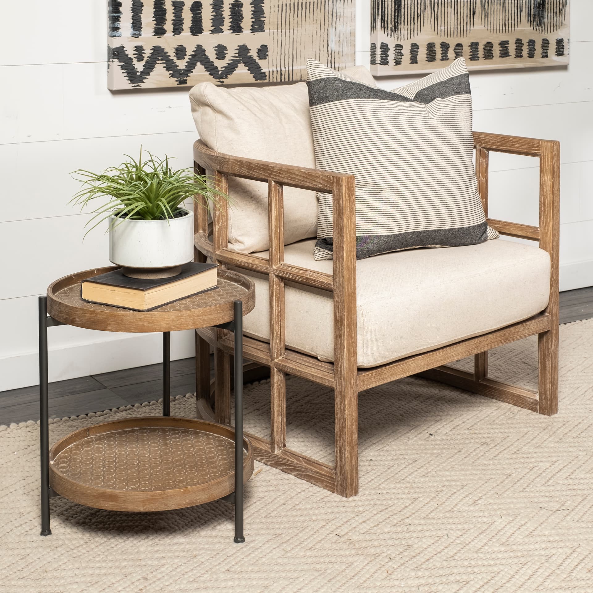 Skylar II Tan Fabric Covered Cushioned Demi-Lune Wooden Frame Accent Chair — product photograph