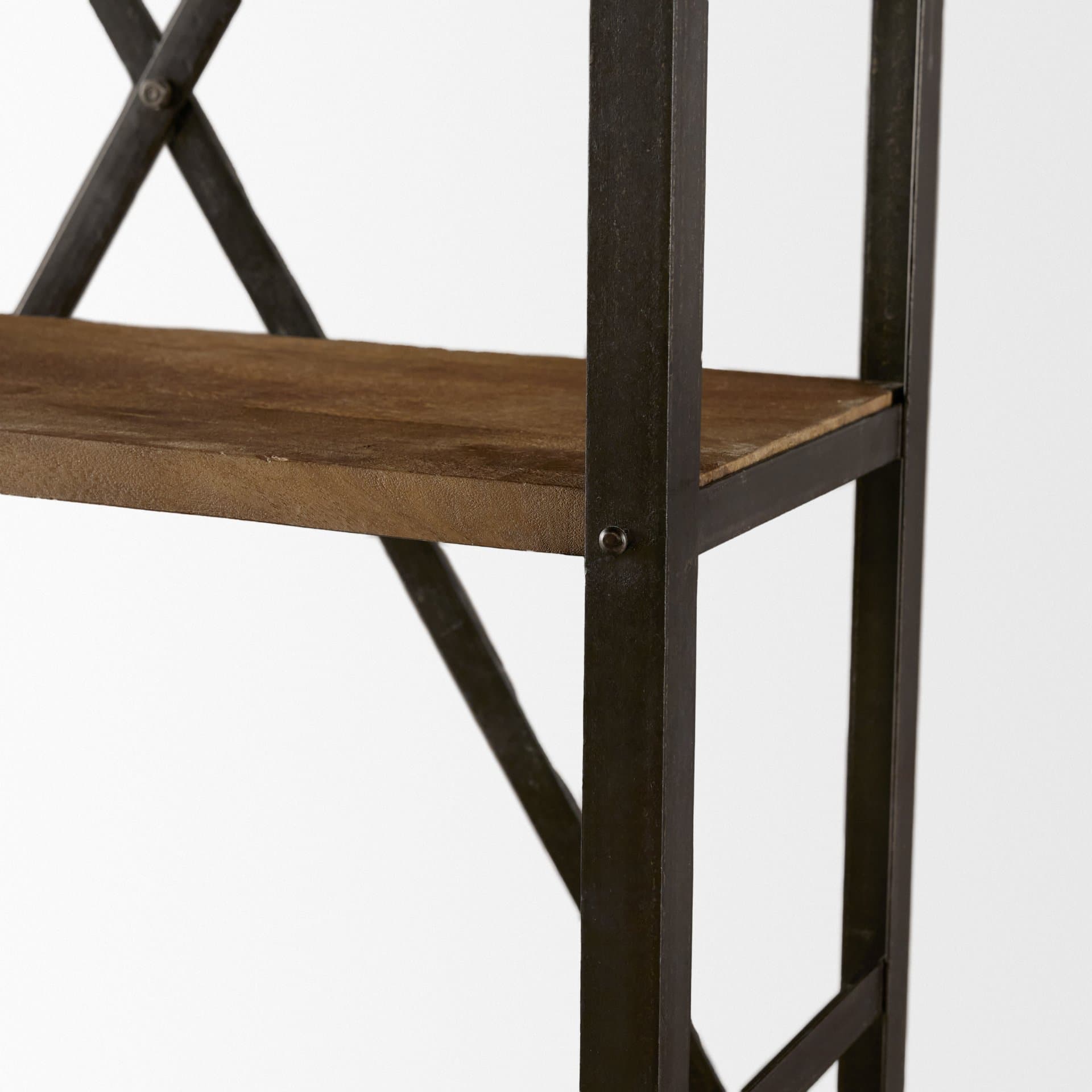 Brodie VII 32L x 22W x 94H Brown Wood Gun-Metal Bracing Four Shelf Shelving Unit — product photograph