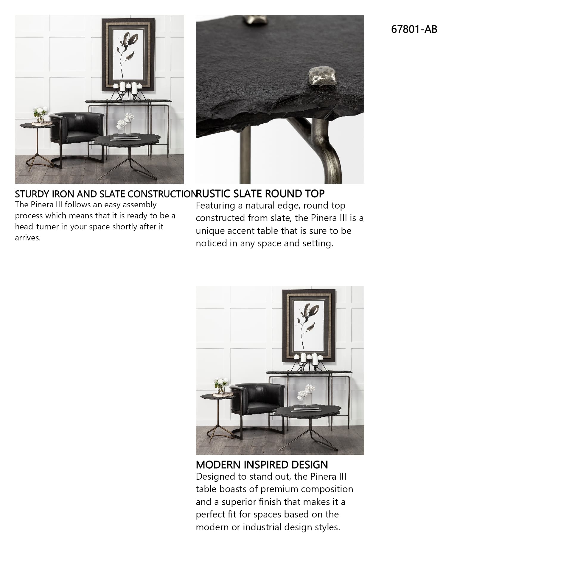 Pinera III 49L x 17W Black Slate W/Iron Base Console Table — in a styled room