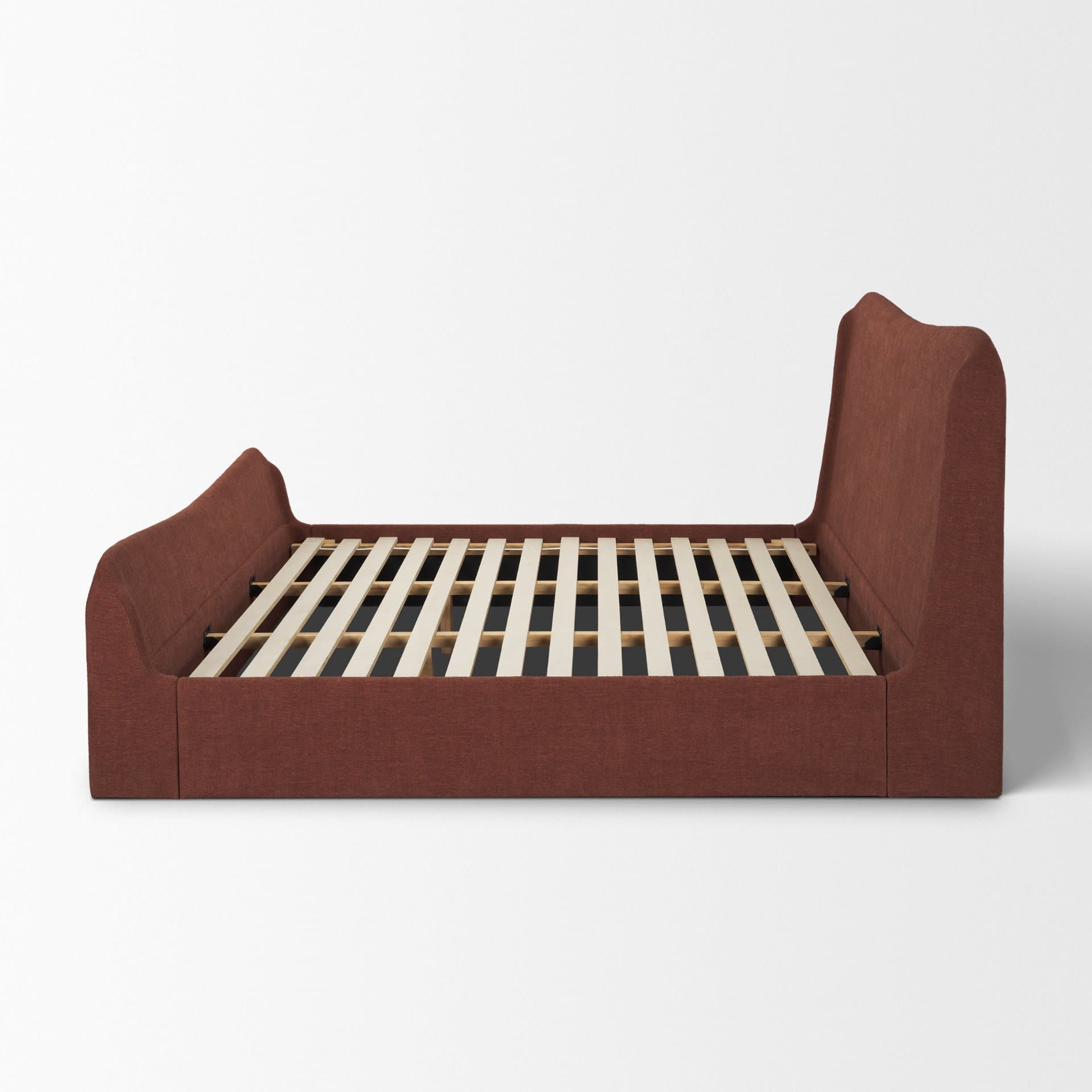 Solene King Upholstered Bedframe w/ Footbed | Curved Headboard | Burgundy Fabric — product photograph