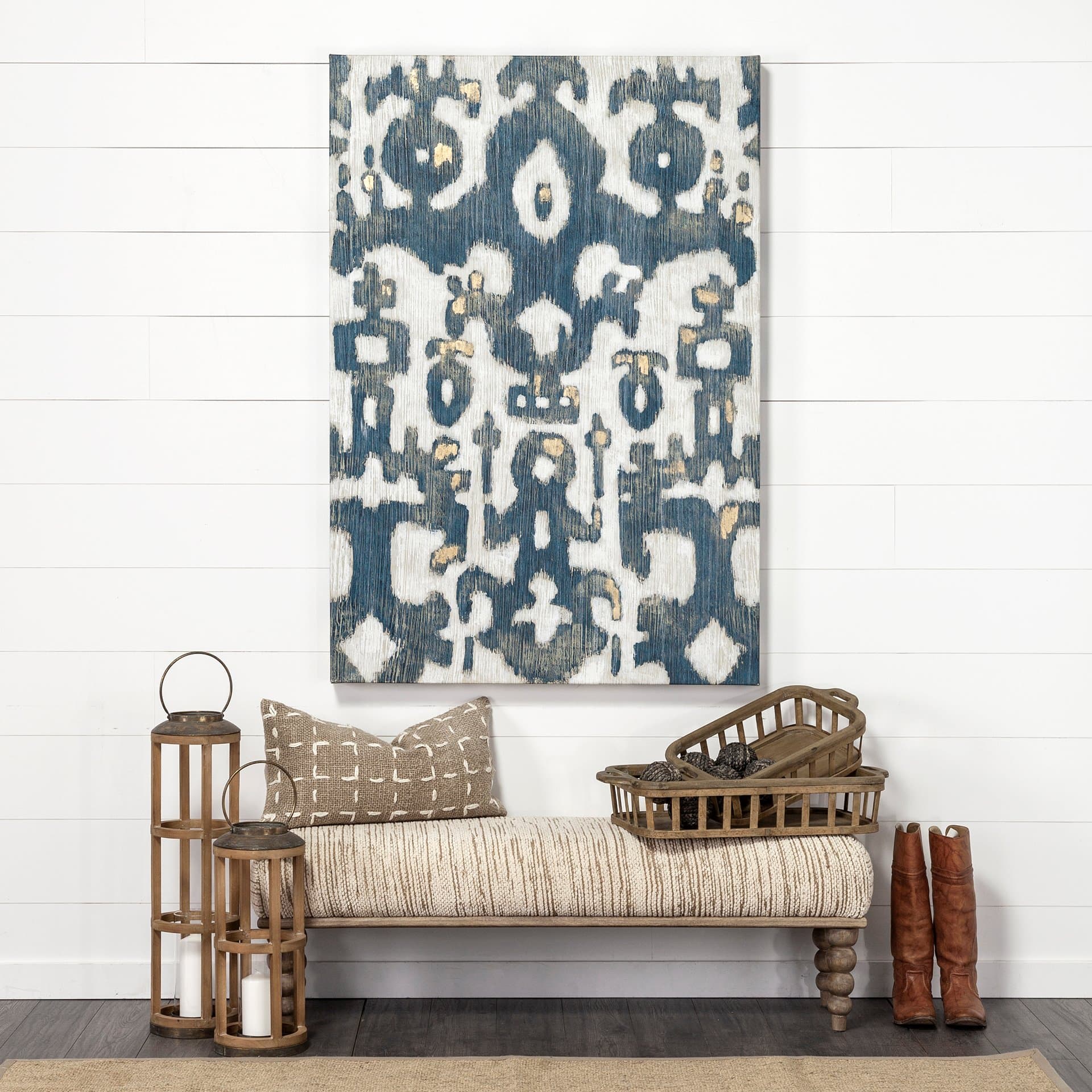 Alder II 55L x 16W Cream Upholstered Seat Wooden Base Accent Bench — in a styled room