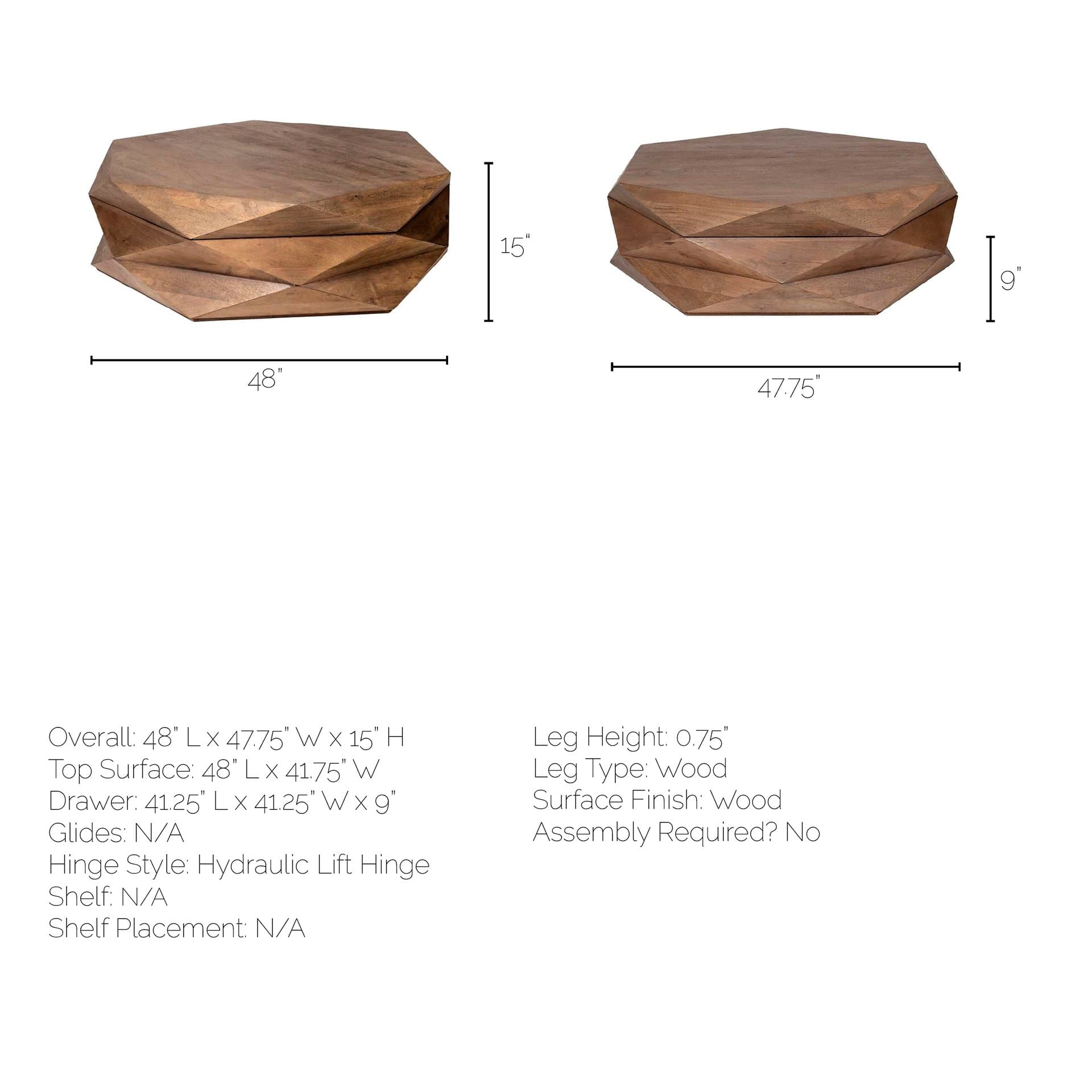 Arreto 48" Hexagonal Hinged Solid Wood Top and Base Coffee Table — product photograph
