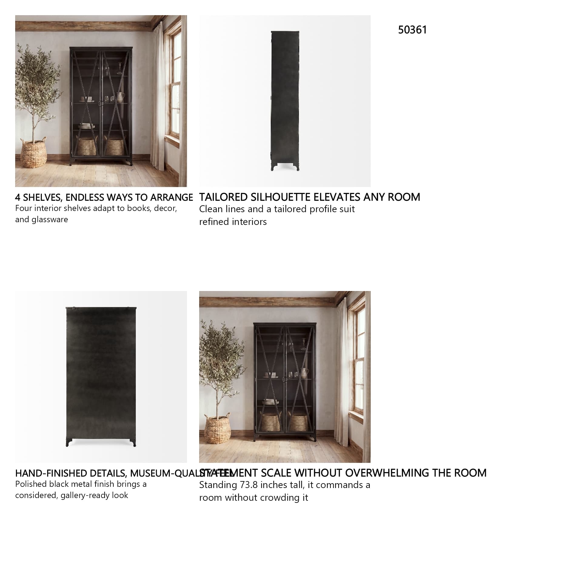 Poppy II 73.8" H Black Metal With Glass Door Display Cabinet — in a styled room