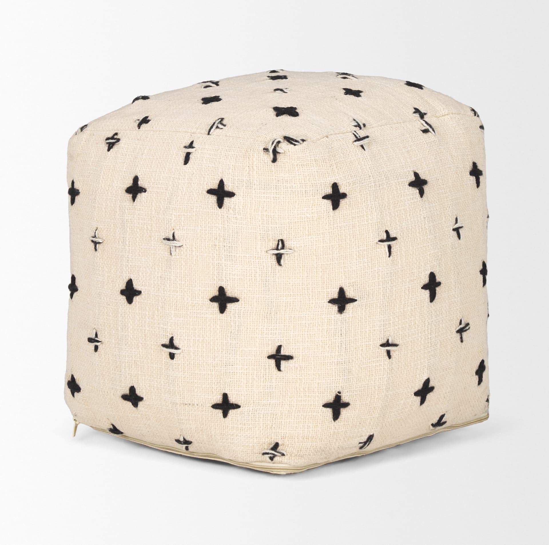 Saanvi Wool w/ Cream and Black Stitched Cross Patterned Pouf — product photograph