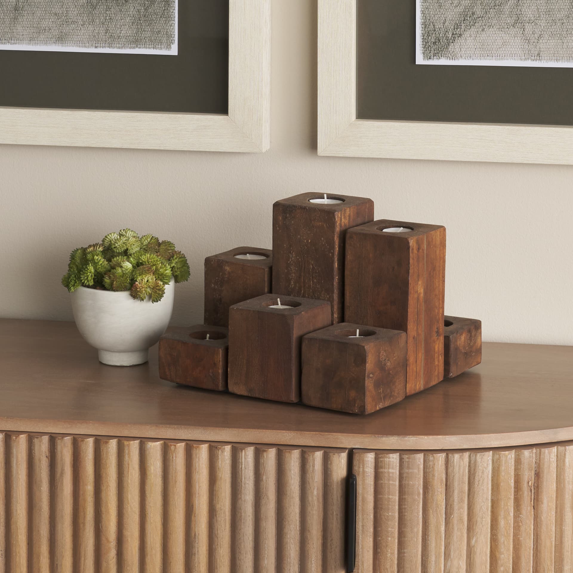 Cassius Light Brown Nine Wood Block Table Candle Holder — in a styled room