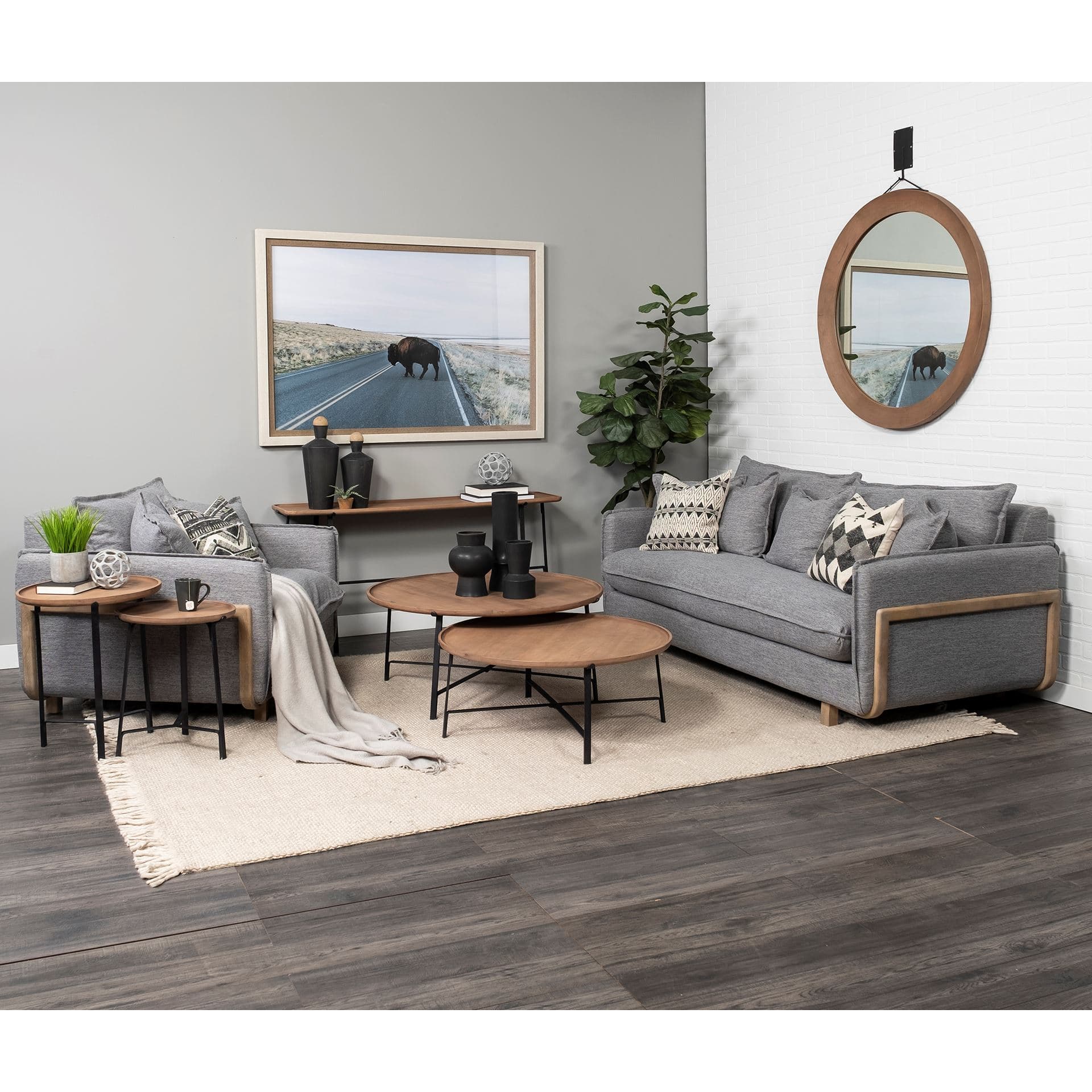 Roy I 84" Castlerock Gray Upholstered Three Seater Sofa — in a styled room