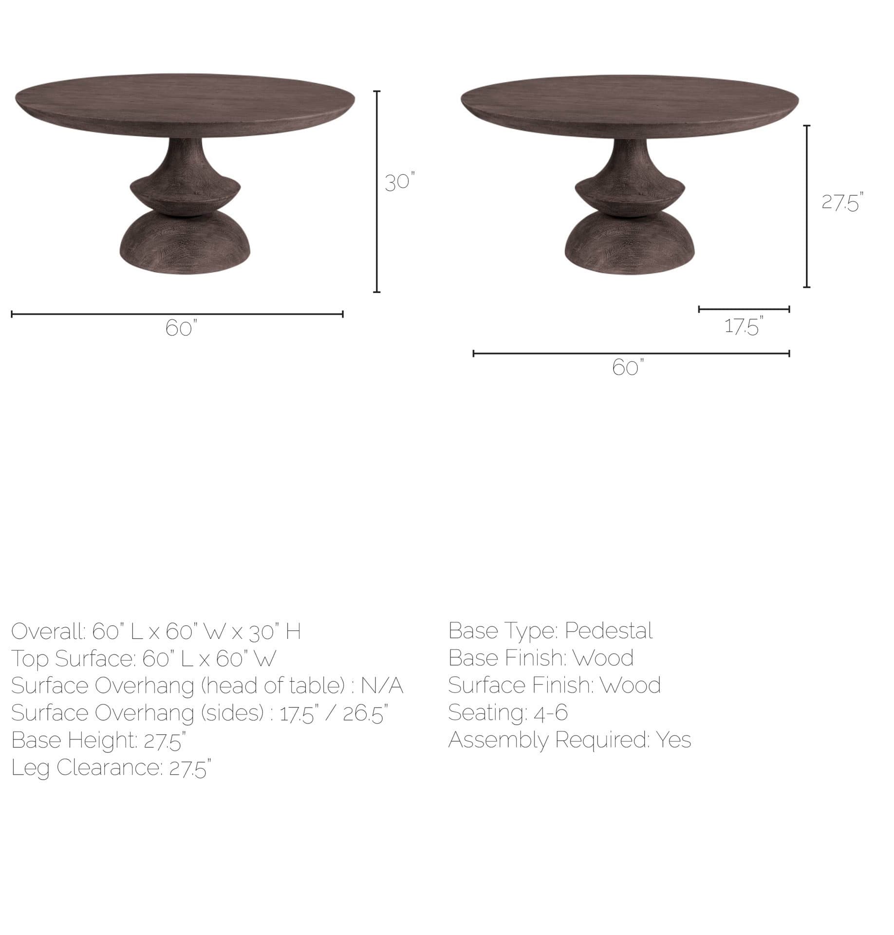 Crossman 60" Round Pedestal Dining Table | Modern | Dark Brown/Gray Wood | Seats 6 — product photograph