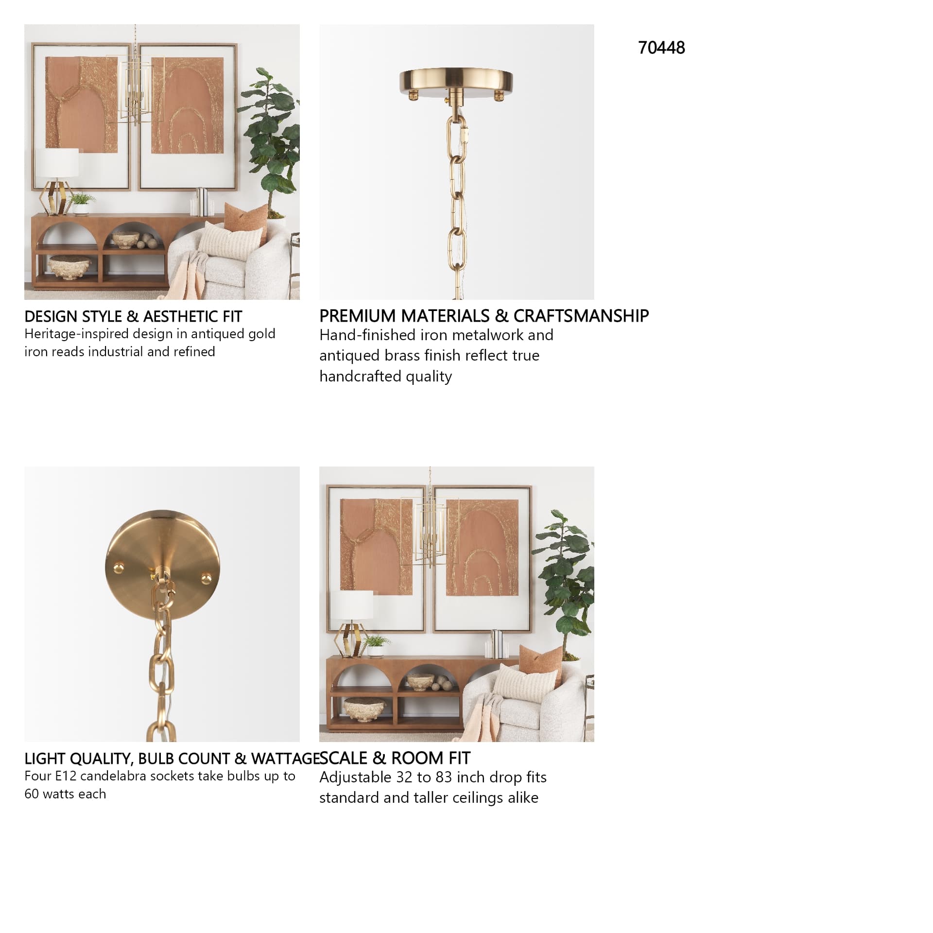 Colleen Antiqued Gold Metal 4-Light Chandelier — in a styled room