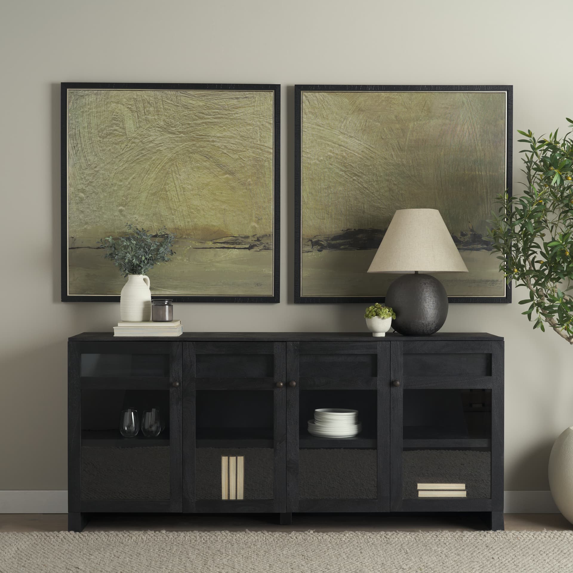 Suri Black Wood w/ Glass 4-Door Closed Sideboard — in a styled room