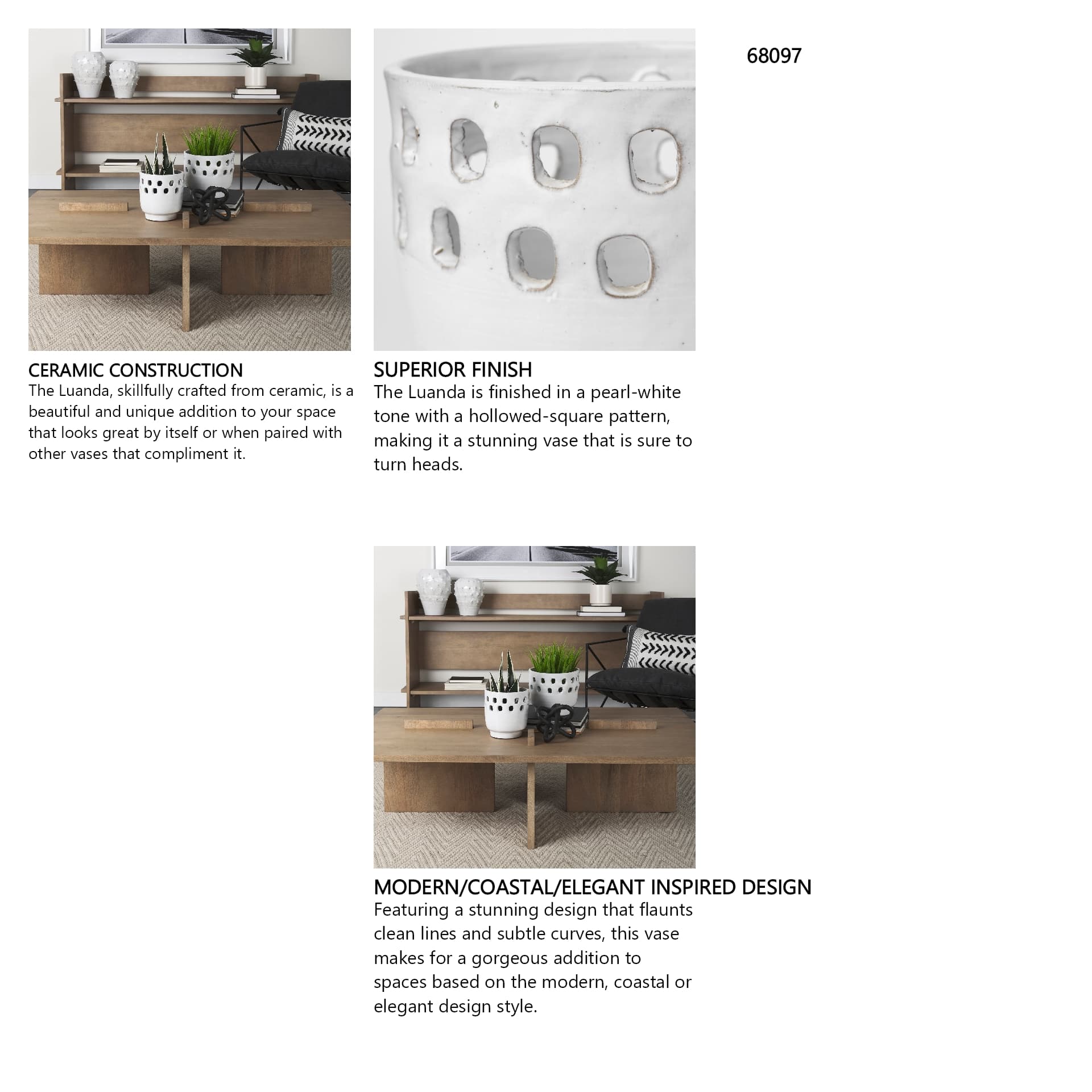 Larissa Set of Two White Ceramic Hollow Pattern Vases — in a styled room
