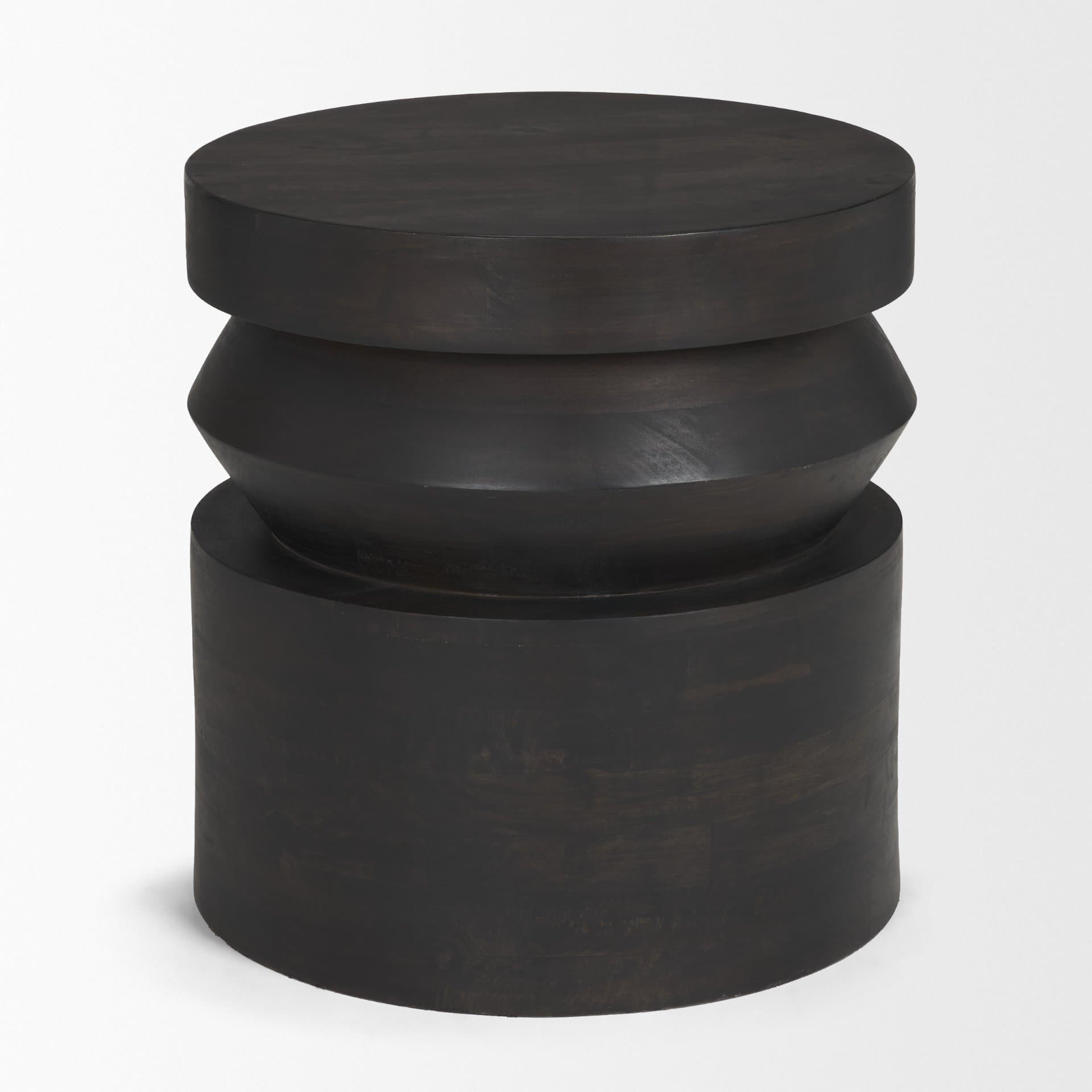 Rashama Dark Brown Wood Stacked Geometric Round Accent Table — product photograph