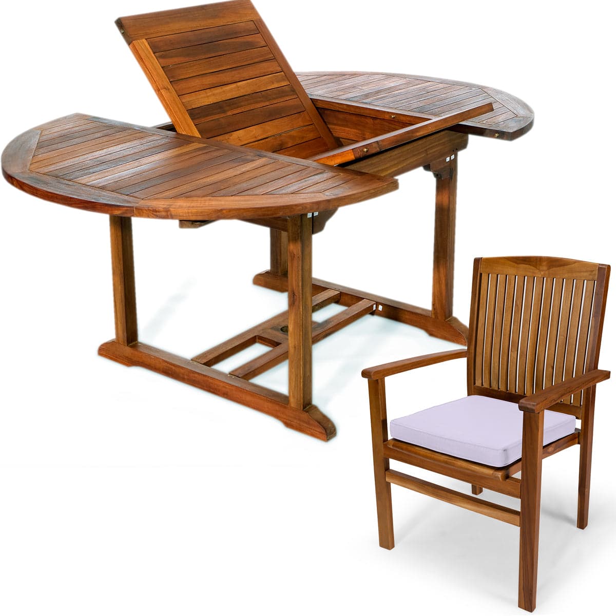 5-Piece Teak Oval Extension Table Stacking Chair Set with Royal White Cushions TE70-24-RW — product photograph