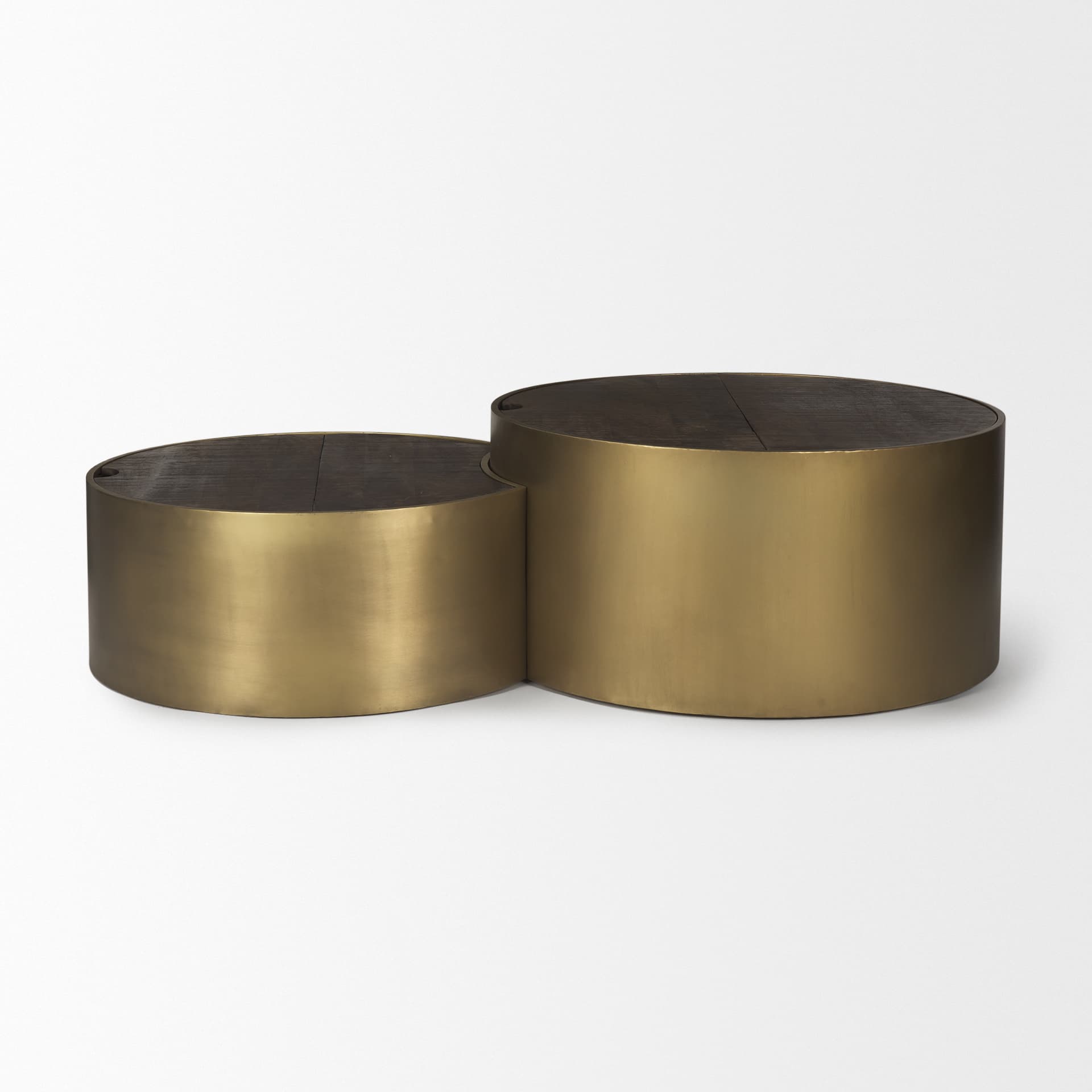 Eclipse Antique Brass Metal Drum Base w/ Dark Brown Wood Top Nested Coffee Table — product photograph