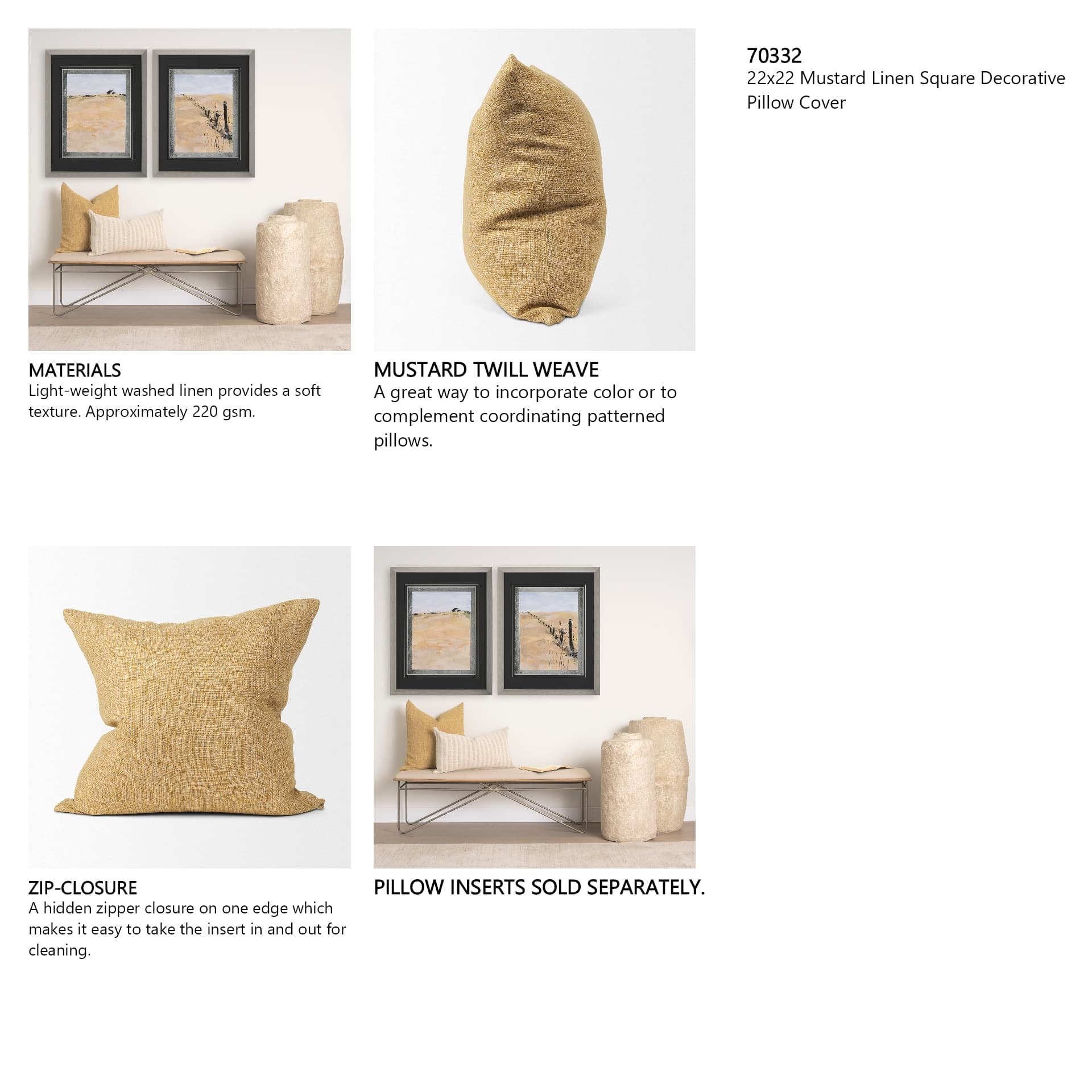 Jacklyn 22x22 Mustard Linen Square Decorative Pillow Cover — in a styled room