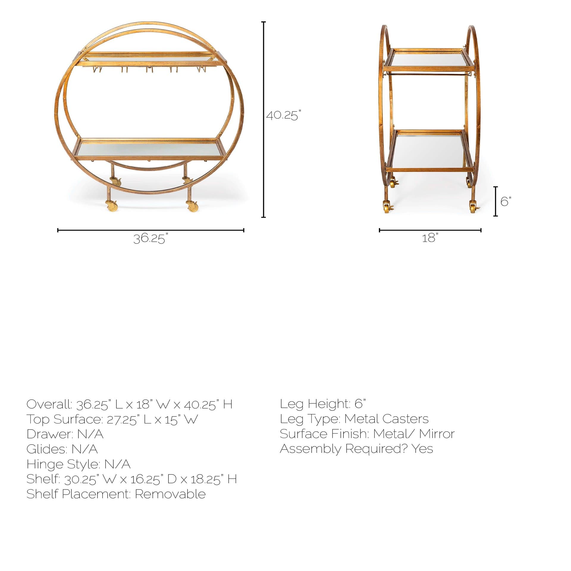 Carola Gold Frame Two-Tier Glass Shelves w/Stemware Holder Bar Cart — product photograph